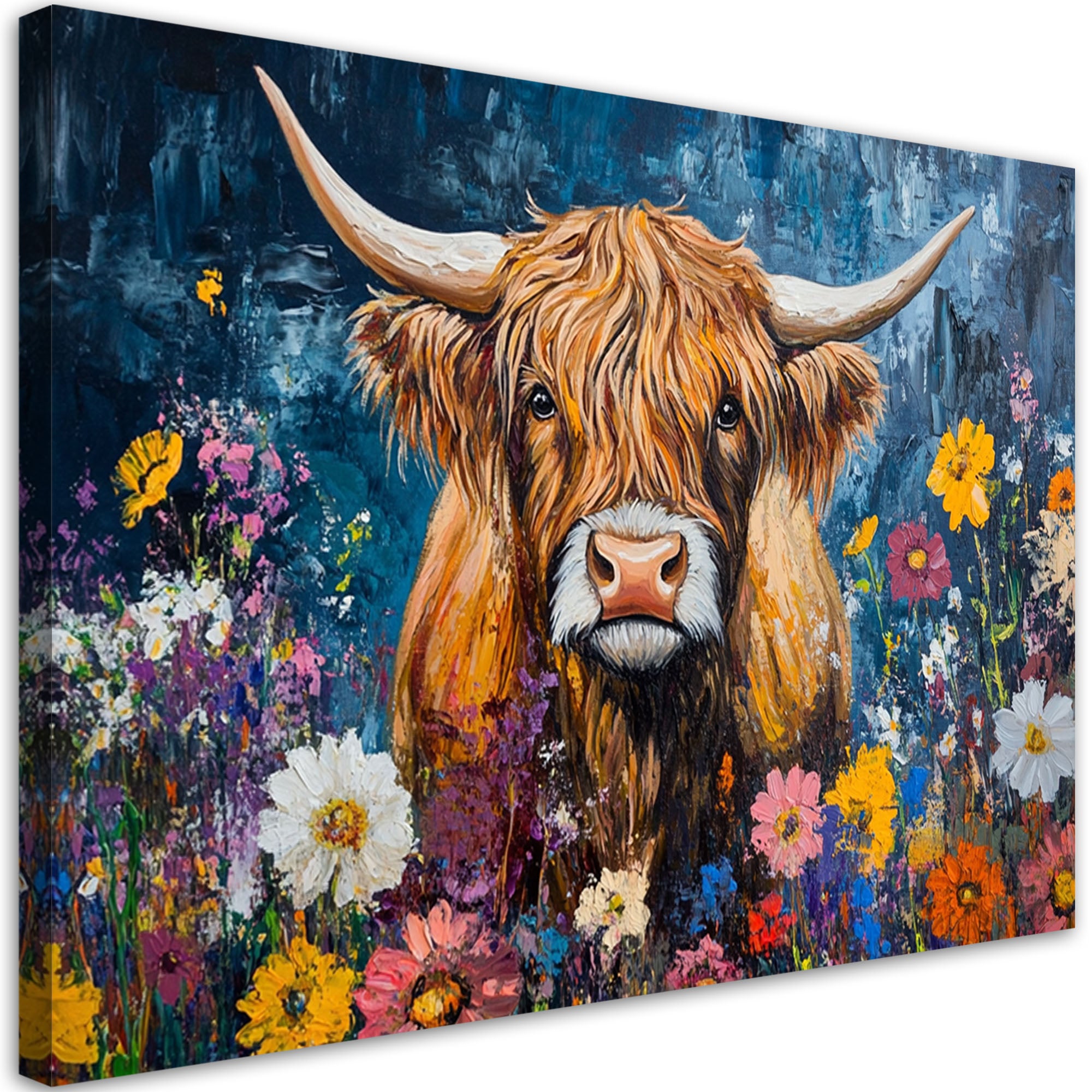 Obraz na płótnie, Szkocka Krowa Rasa Wyżynna, Abstrakcja, Kwiaty 120x80