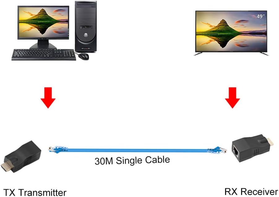 Convertisseur HDMI vers RJ45, prolongateur de câble Unique sans Perte 30M, Adaptateur de Conversion HDMI vers RJ45 4k * 2k, Prend en Charge HDMI1.4 3D - 4