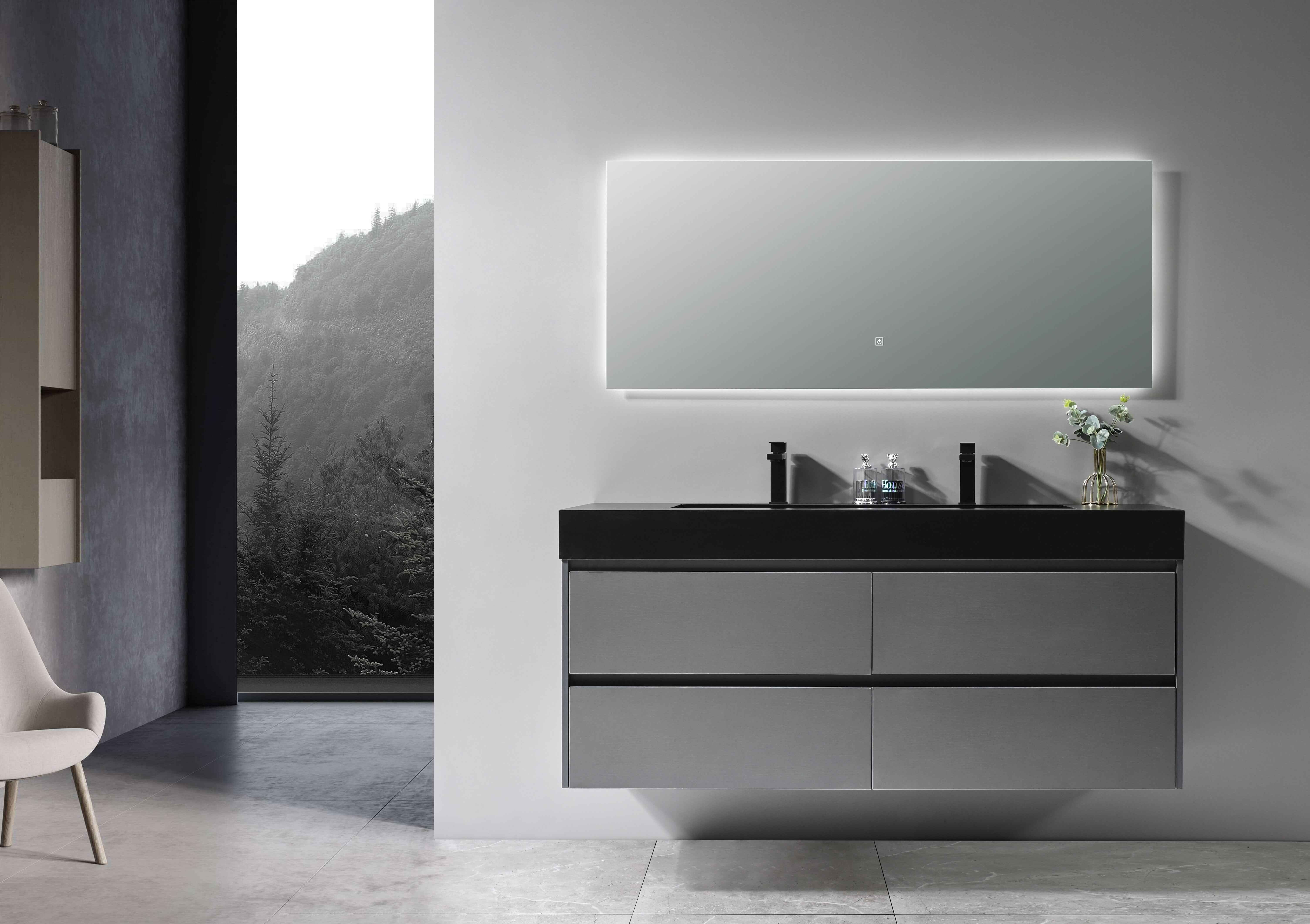 LuxuryBain- Meuble de salle de bain double vasque 150cm gris et noir avec miroir LED LB-8476S - 2