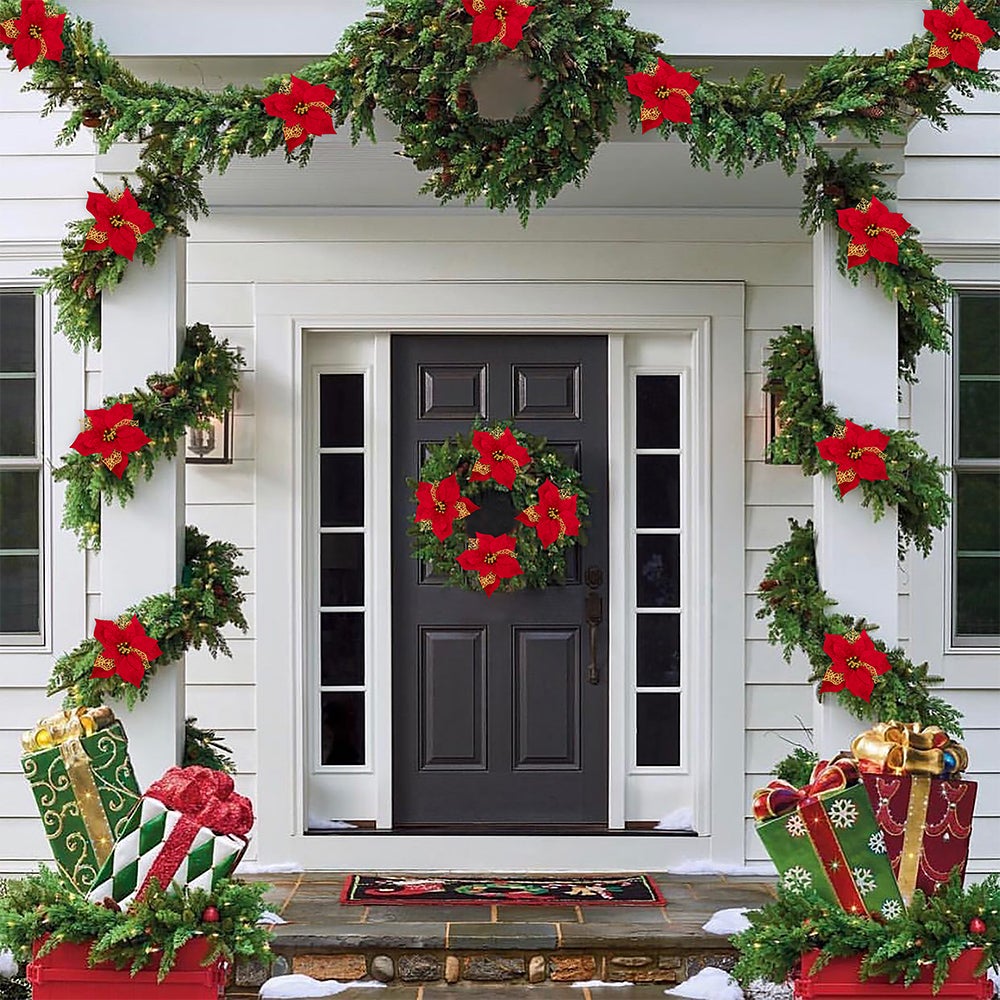Lot de 32 décorations de Noël, fleurs artificielles scintillantes avec clips, décorations pour sapin de Noël, pendentifs de fleurs artificielles - 3