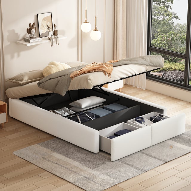 Letto imbottito 140*200cm, letto a piattaforma, letto imbottito senza testiera, con contenitore idraulico e 2 cassetti, bianco
