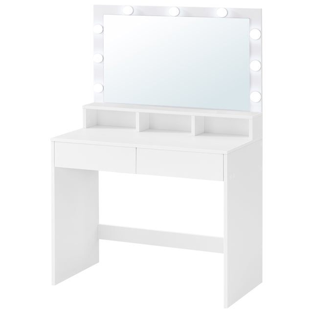 Coiffeuse, avec Miroir LED, avec Rangement, 2 Tiroirs et 3 Compartiments, Blanc