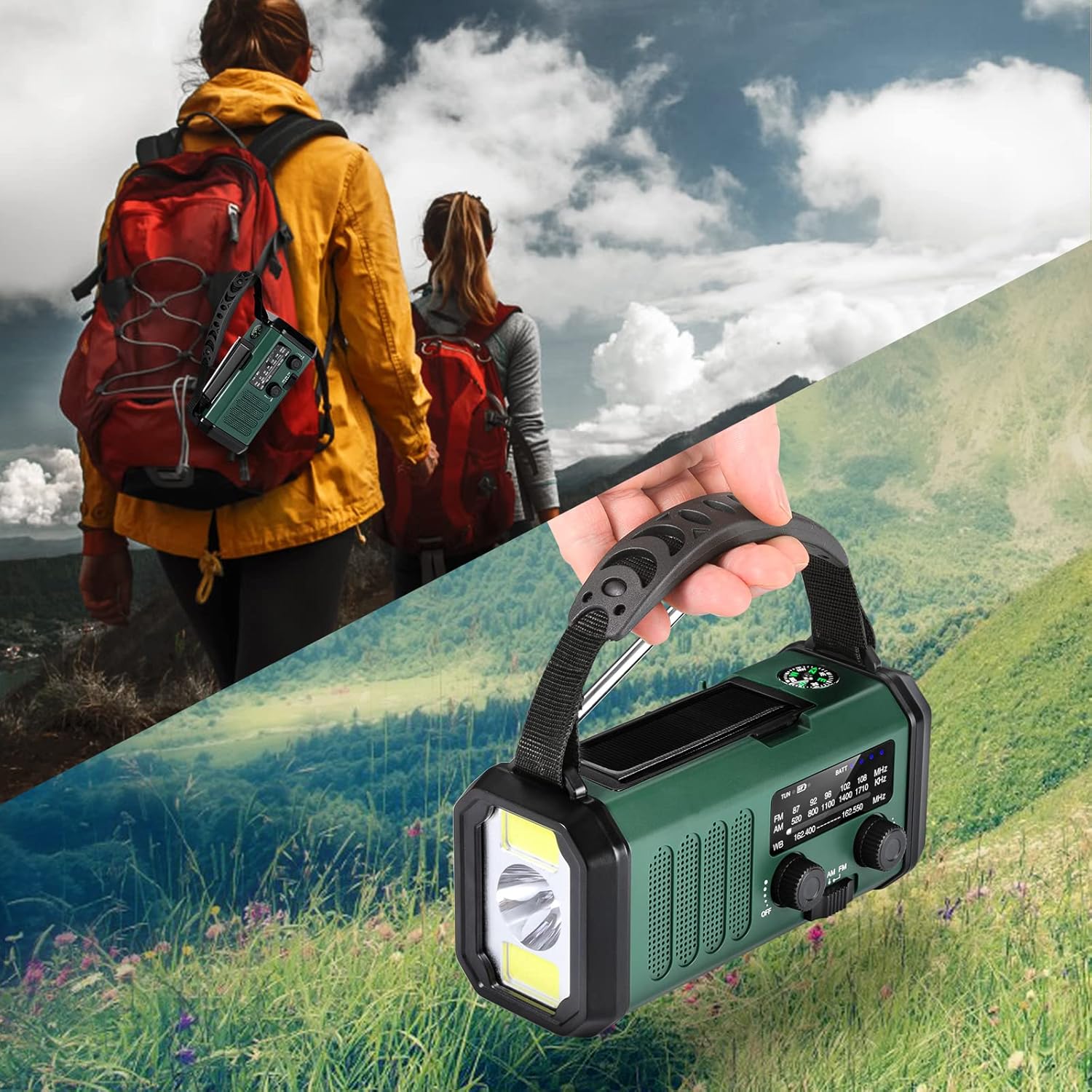 Radio z korbką ręczną 10000 mAh, zielone, zasilane energią słoneczną, awaryjne, pogodowe NOAA/AM/FM, z lampką LED do czytania, alarmem SOS, kompasem n - 6