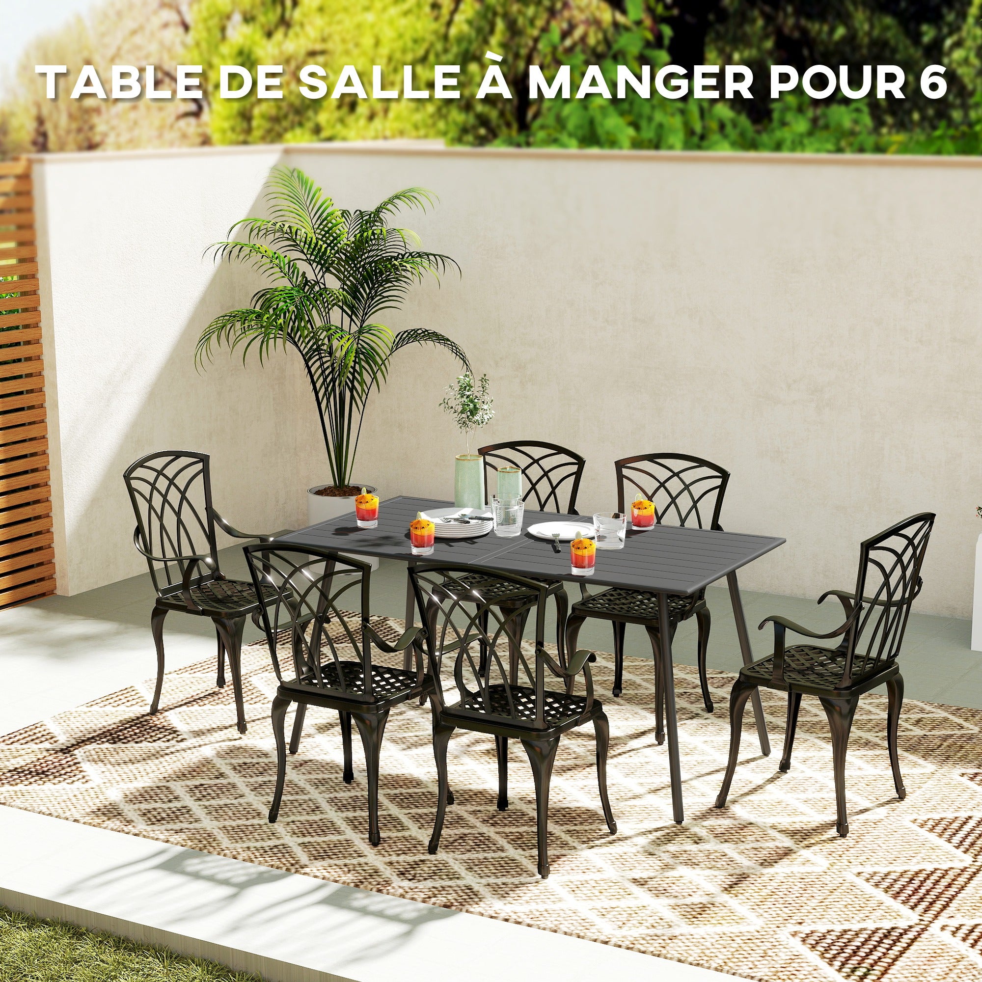 Table de jardin 6 personnes avec plateau à lattes, idéale pour jardin, patio ou terrasse. Dimensions : 150 x 80 x 74 cm, grise. - 6