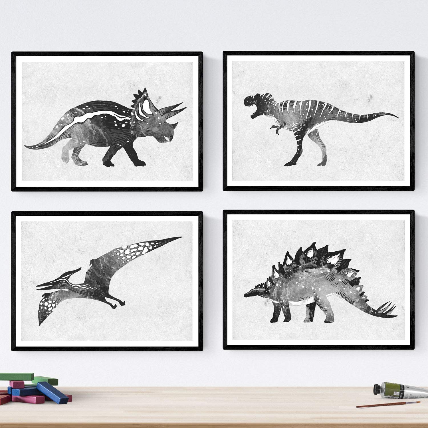 Pack de posters de dinosaurios acuarela negro láminas de dinosaurios para niños