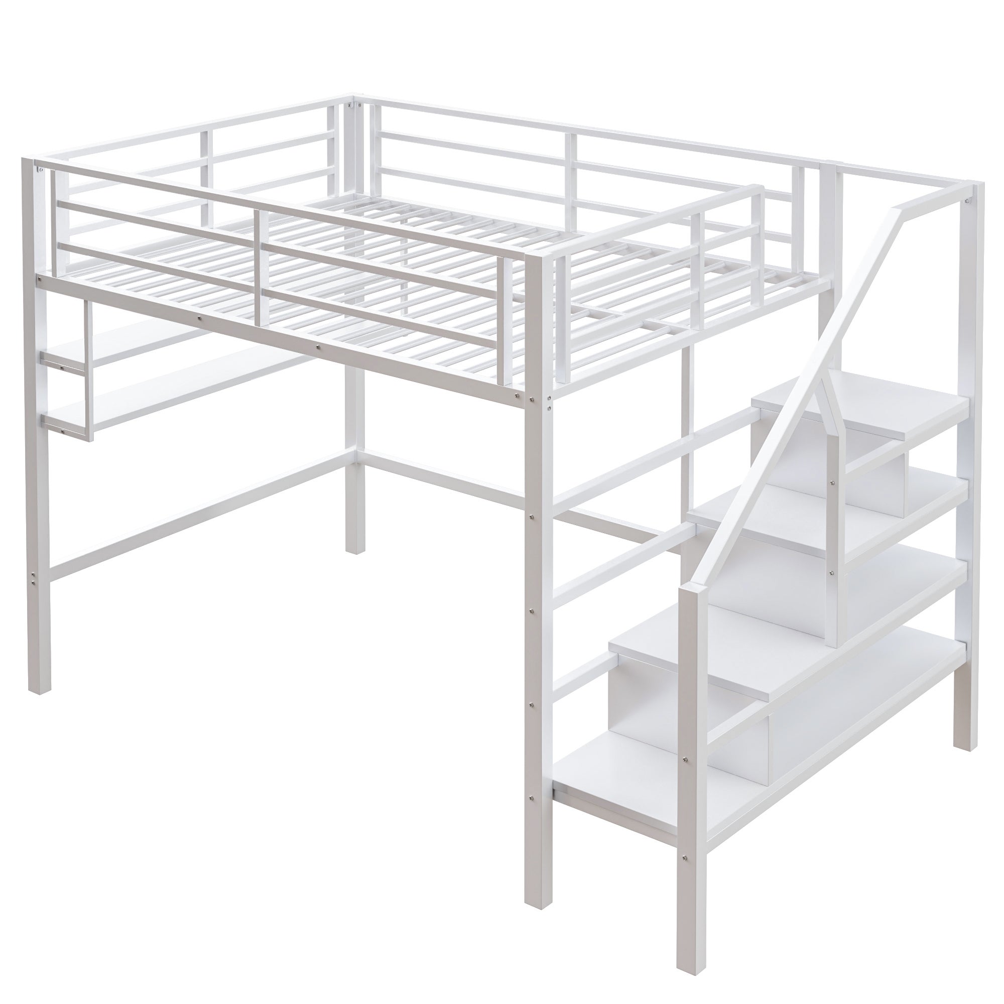 Lit mezzanine 140 x 200 cm avec étagères de rangement et échelle - Métal - Blanc (sans matelas) - 8