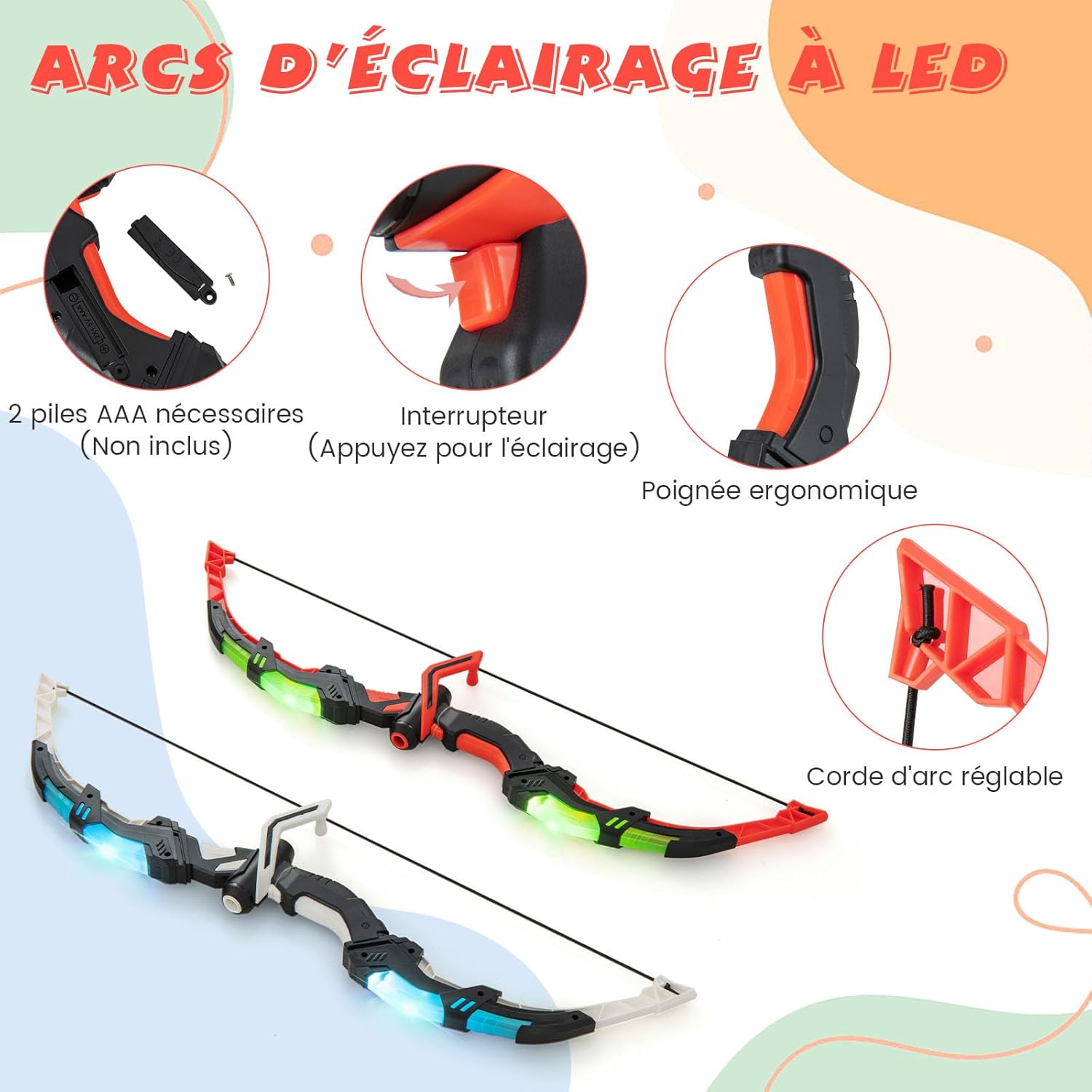 Arcs et Flèches Enfants, Ensemble Tir à l'arc à LED avec 20 Flèches à Ventouse, 2 Carquois, Jeu de Tir Intérieur Extérieur pour 3 à 12 Ans - 4