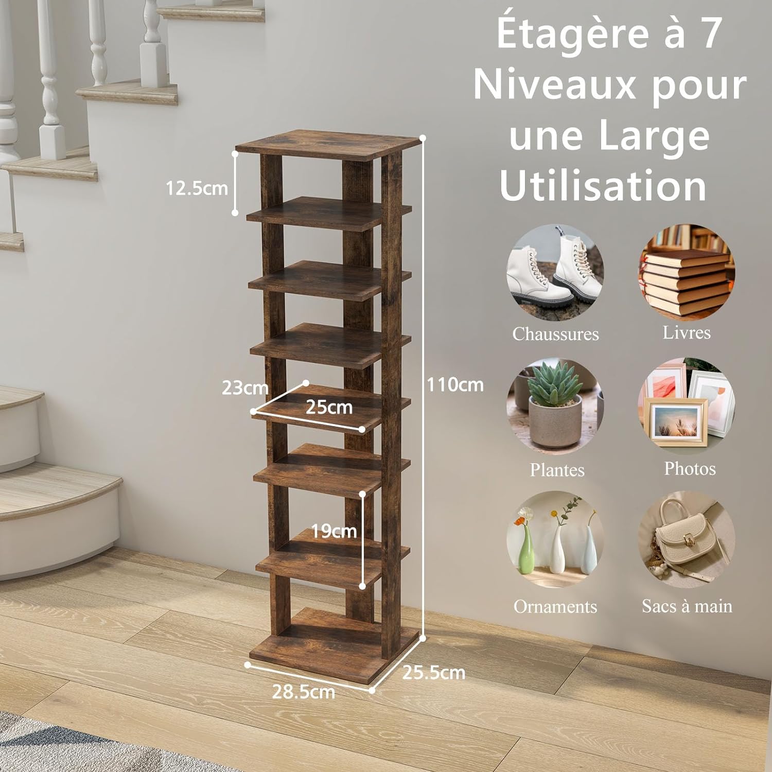 Étagère à Chaussures à 7 Niveaux, Range-Chaussures Vertical et Compact en Hauteur Différente, pour Couloir Salon Entrée 27,5 x 26,5 x 110 CM (Marron) - 6