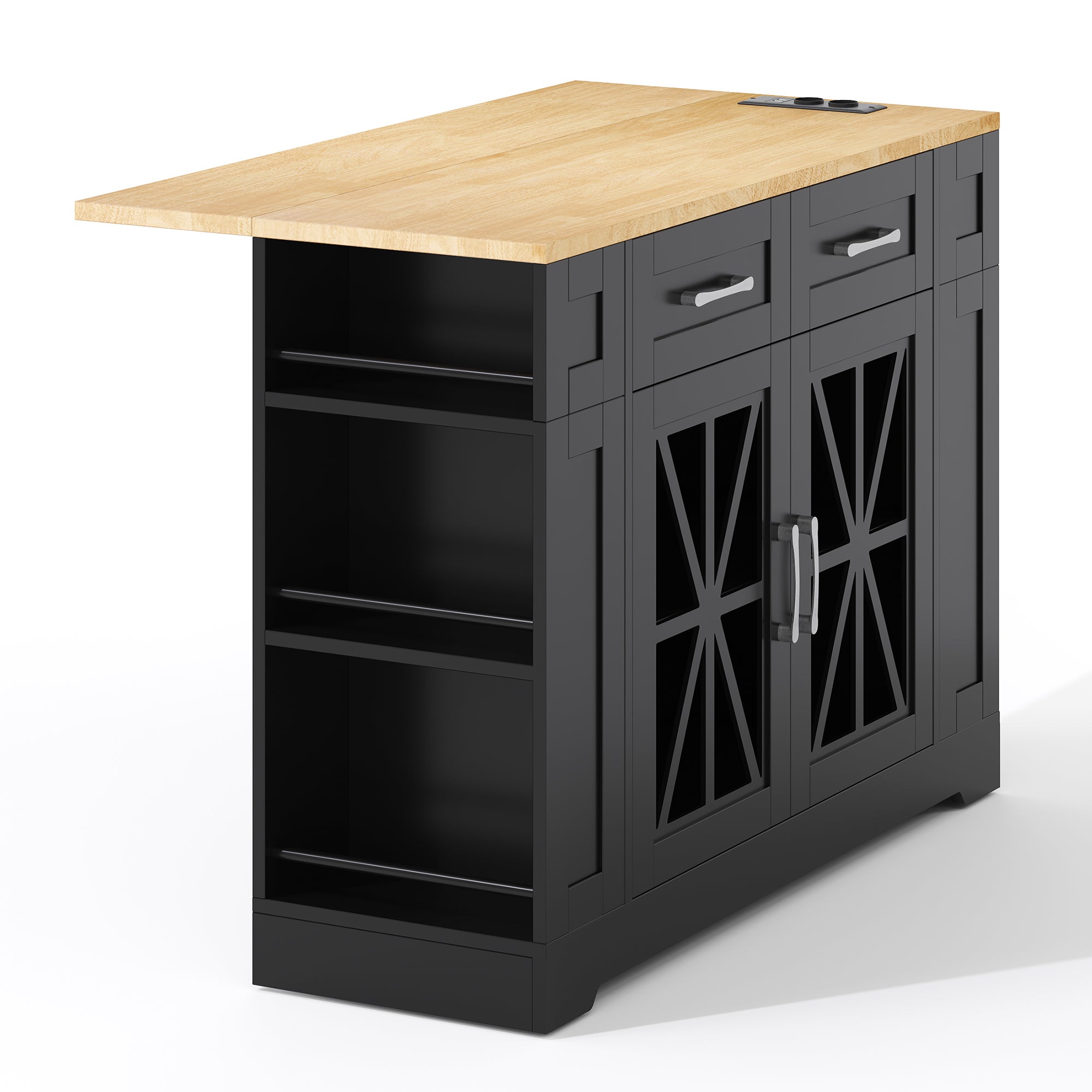 Mobilna wyspa kuchenna - z USB - rozkładany blat - 2 szuflady i 2 fronty - MDF - Czarny - 9