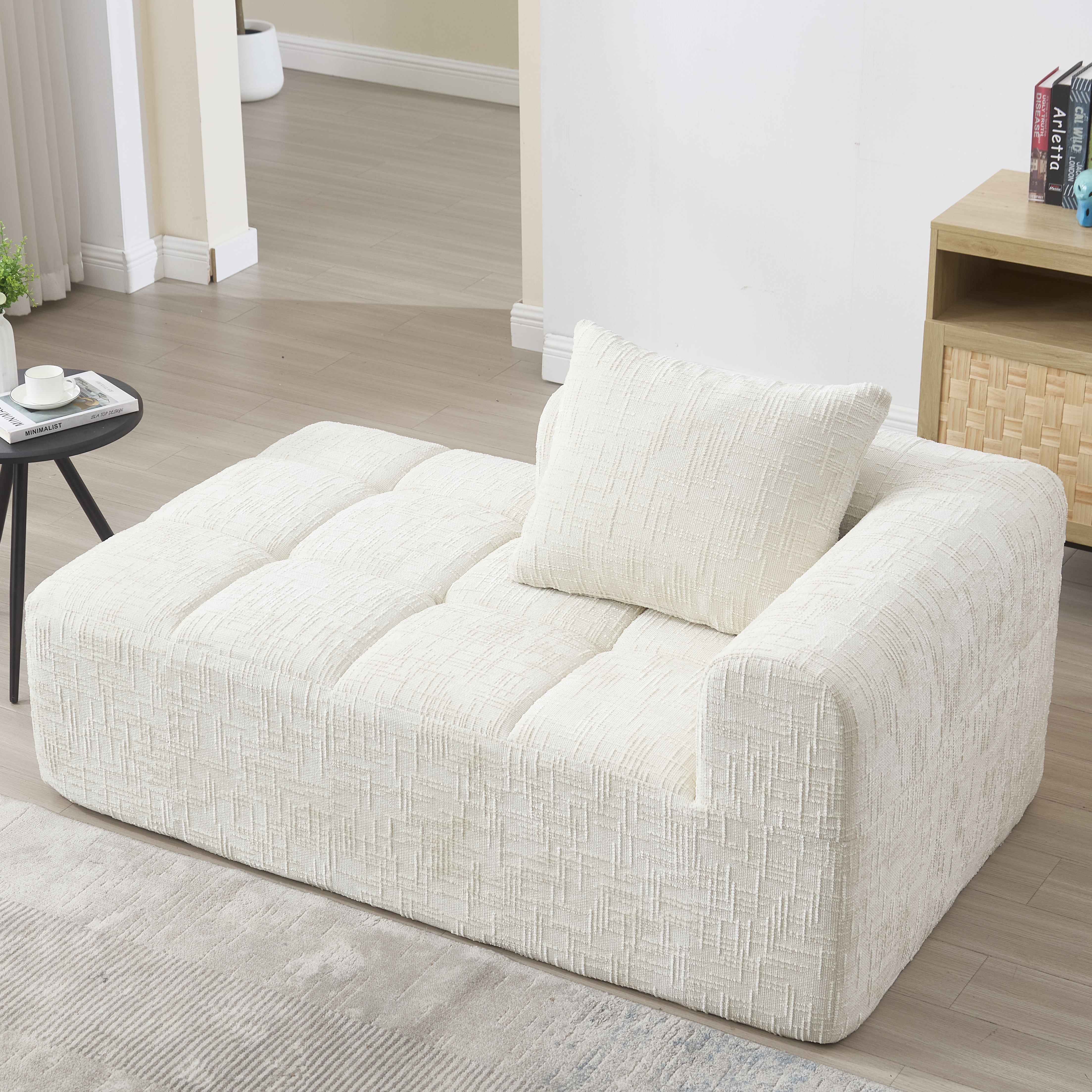 Bequemes Chaiselongue-Sofa, kein Zusammenbau erforderlich, weiches Sofa mit Kissen, Seitentaschen für Fernbedienung und Mobiltelefon