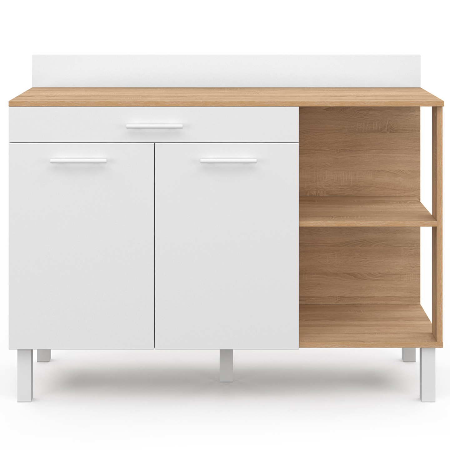Buffet bas de cuisine 120 cm CINA plan de travail H.83 cm 2 portes + tiroir façon hêtre et blanc - 3