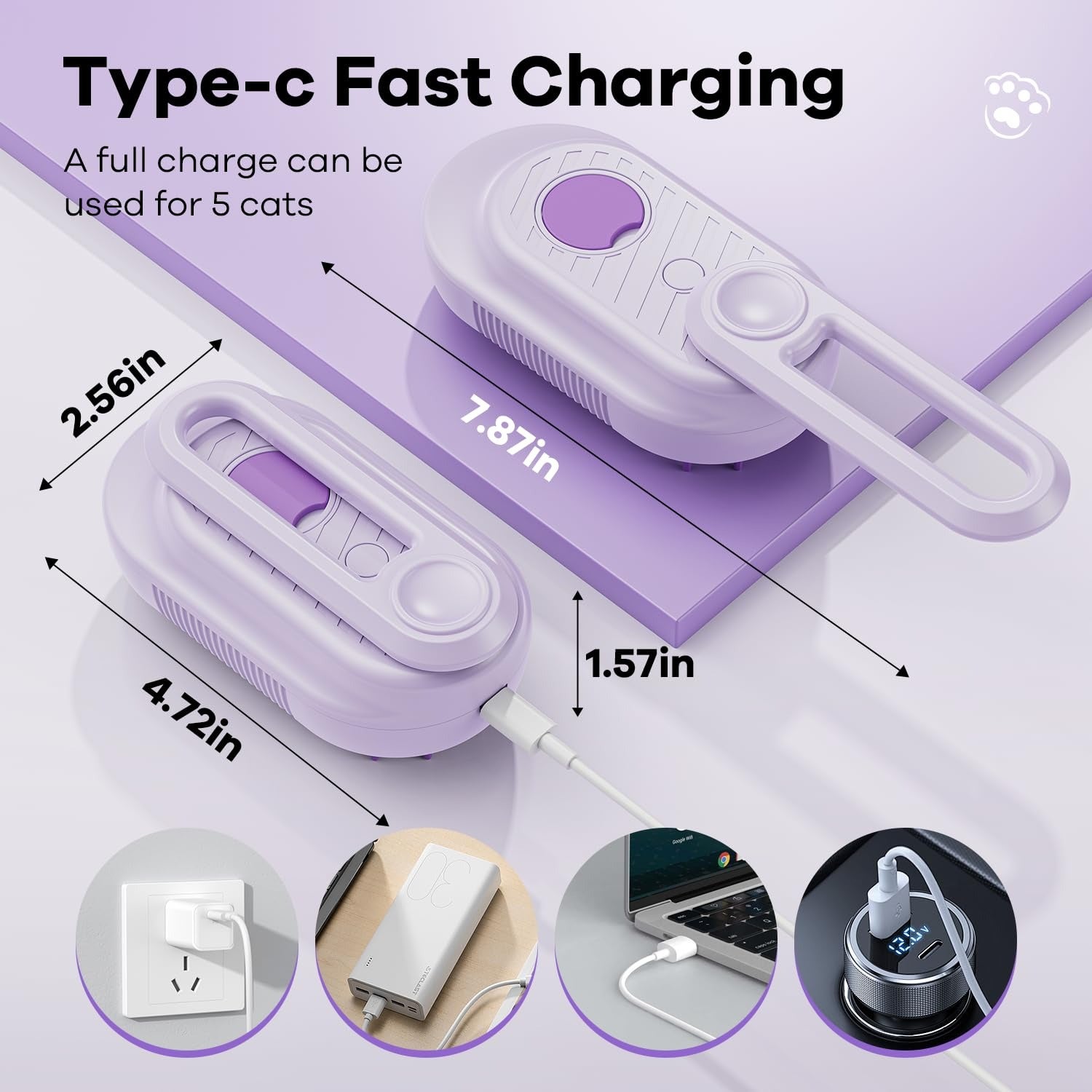 Escova a vapor roxa para pets｜Escova 4-em-1 para gatos e cães, recarregável USB, remove pelos, antistática, massagem e limpeza - 5