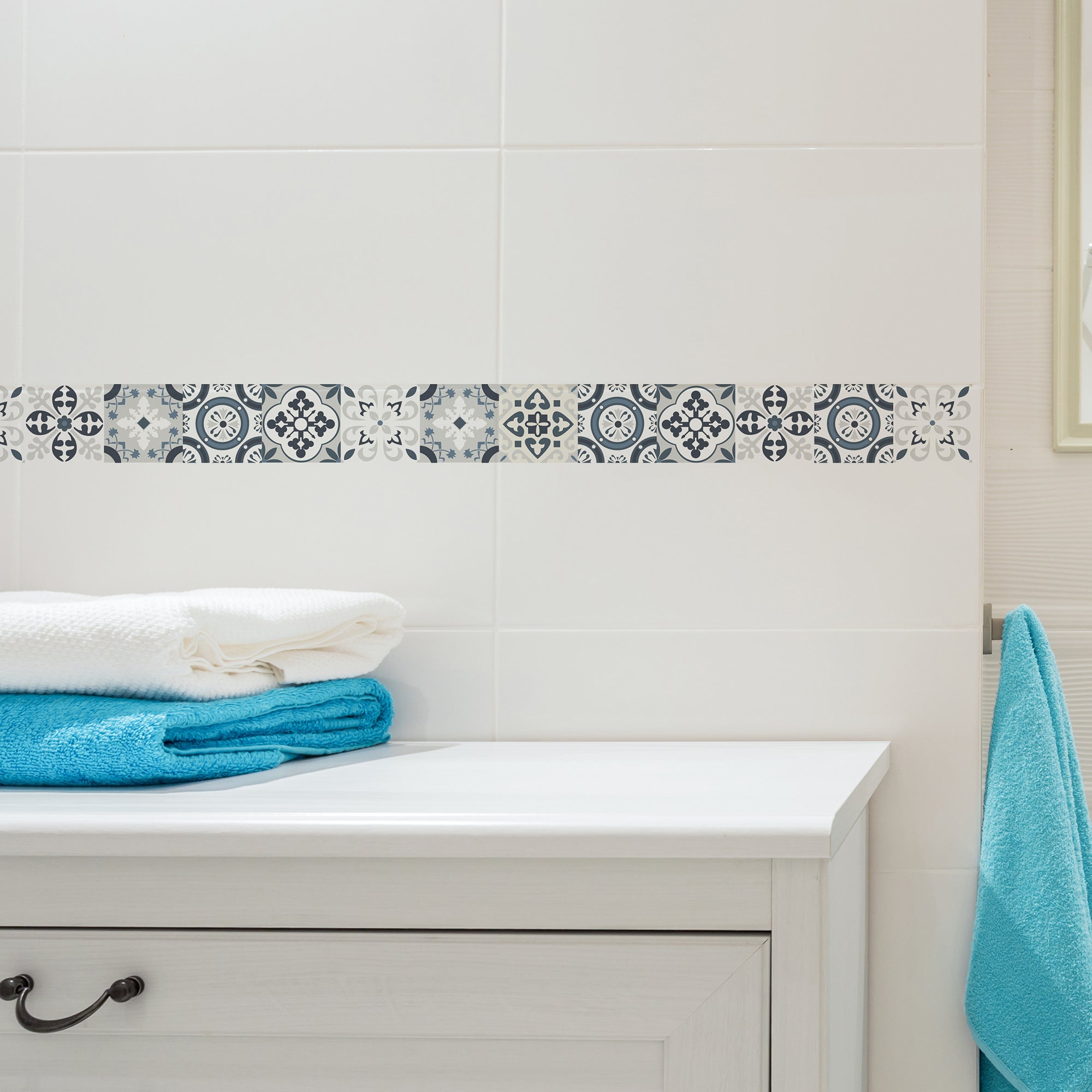 Pegatina de frecuencia adhesiva decorativa, friso adhesivo azul de Borgatella, patrón de mosaico de cemento de estilo antiguo, 5 cm x 300 cm - 3