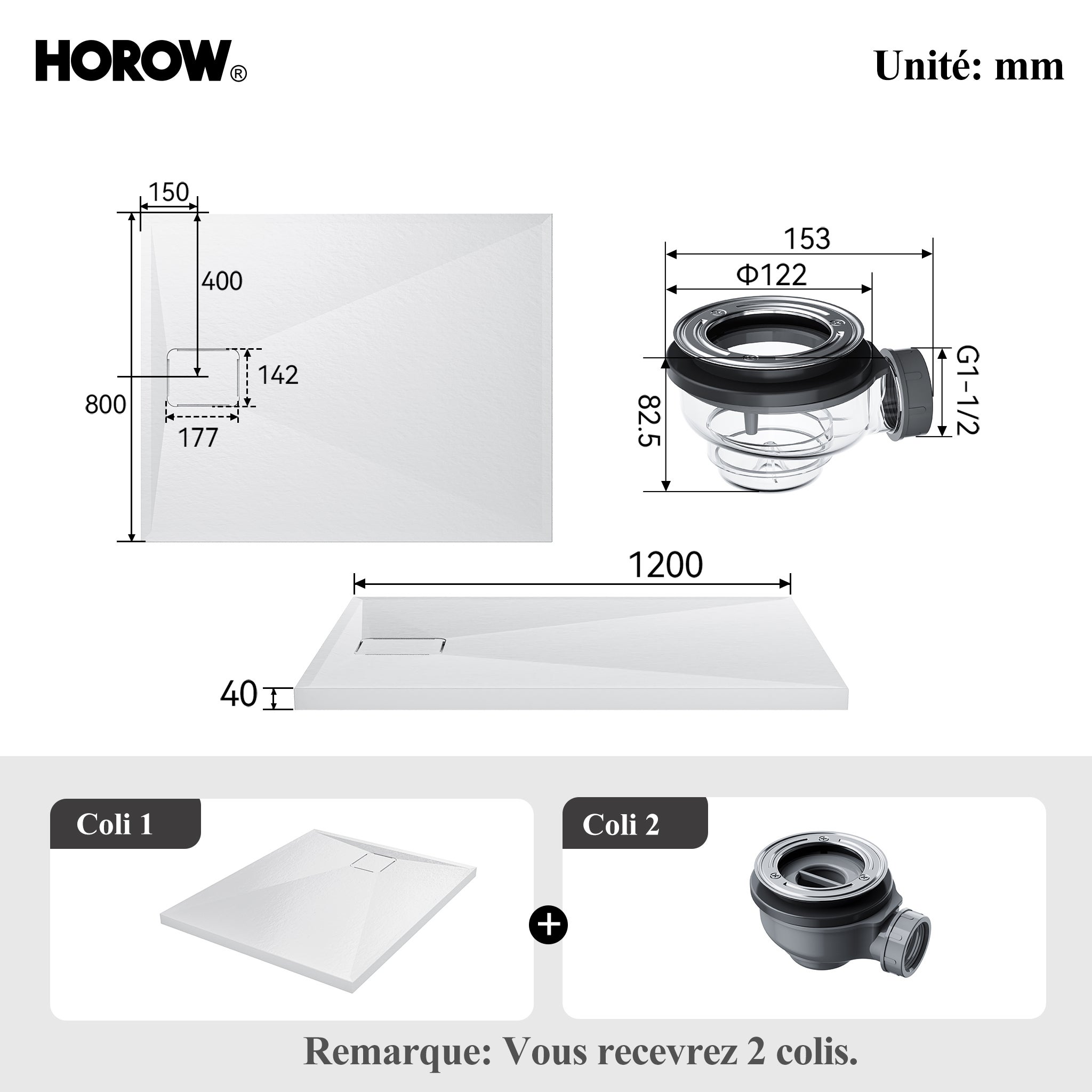 HOROW Receveur de douche blanc, Surface antidérapante, Convient aux salles de douche et aux cabines de douche - 90 x 80 cm / 100 x 80 cm / 120 x 80 cm - 4