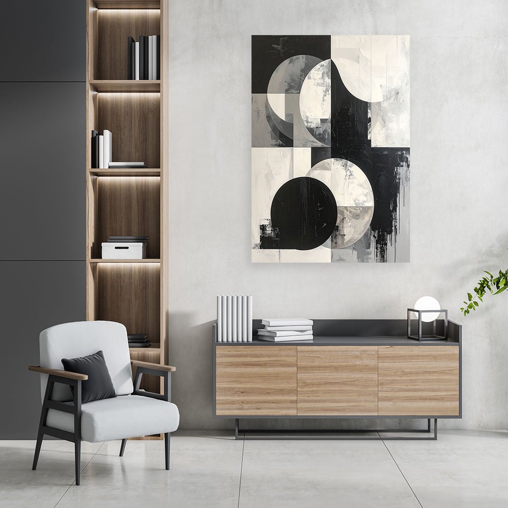 Obraz do salonu sypialni biura, Abstrakcja koła czarno biały 80x120 - 2
