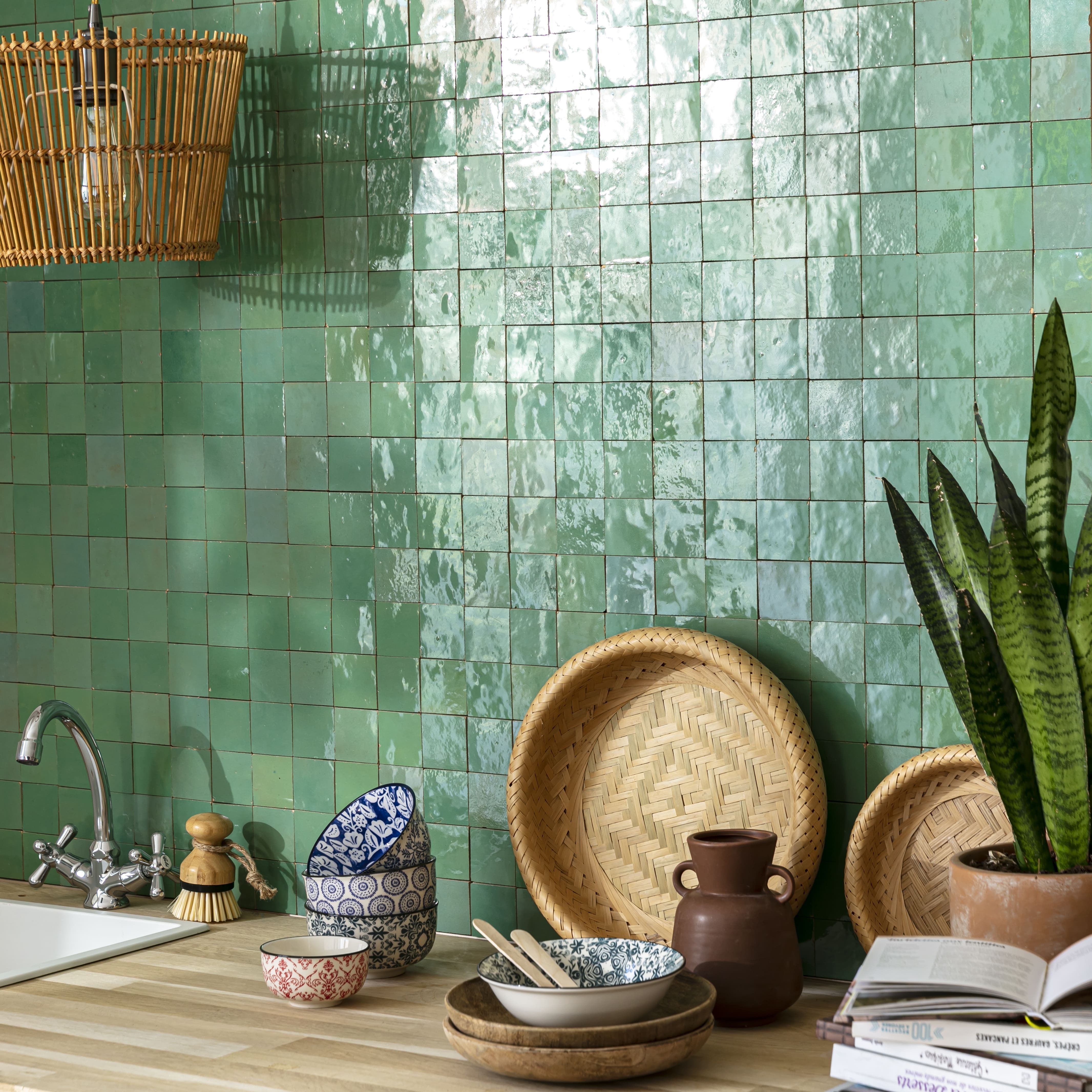 Carrelage Zellige Marocain Vert d'eau 5x5 cm (vendu par plaque de 30x30 cm soit 0,09 m²) - RO'MA NATURE - 2