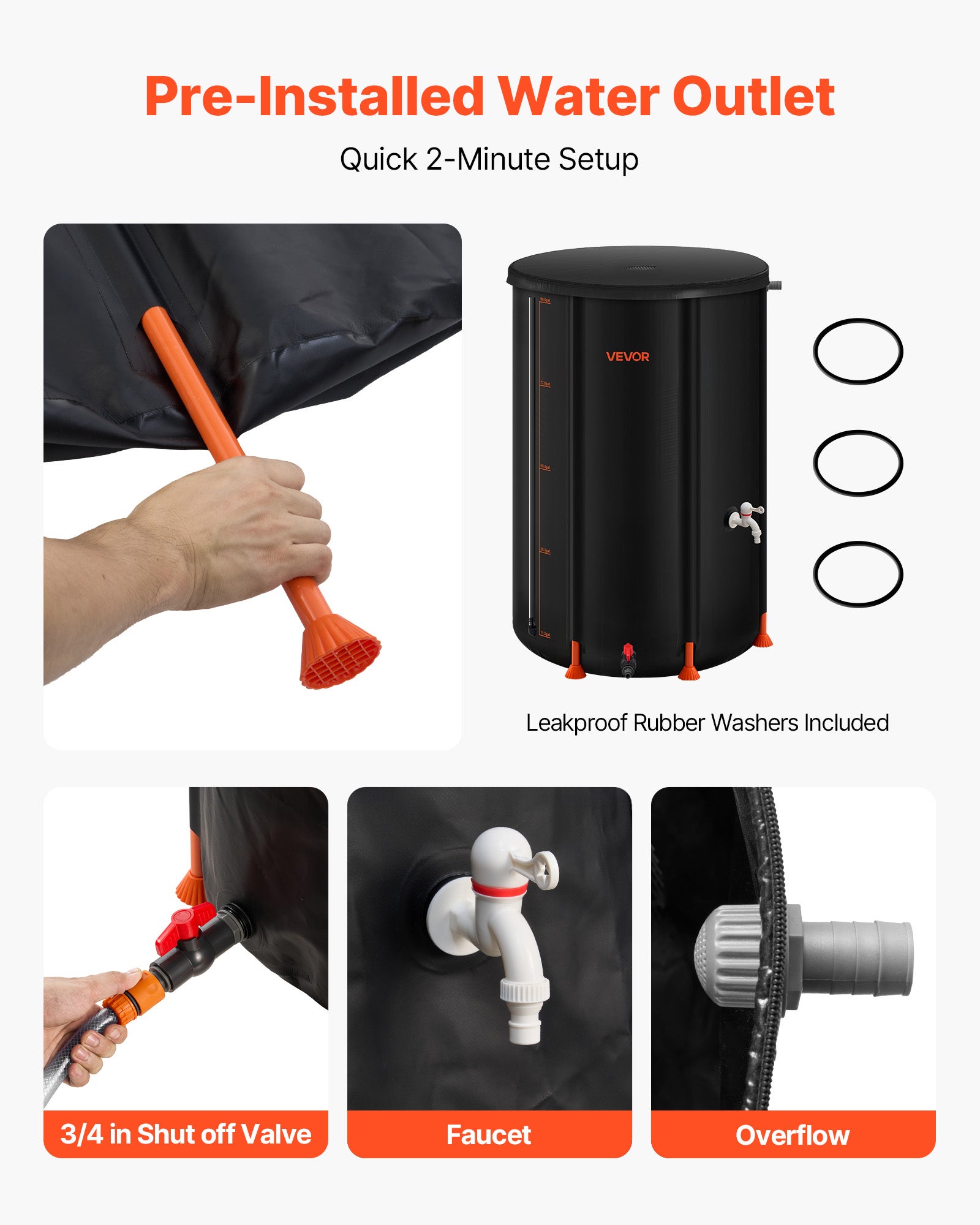 Récupérateur d’eau de pluie pliable VEVOR en PVC 1000D, 380 L, avec robinet, kit trop-plein et bac collecteur, pour arrosage de jardin, noir - 5