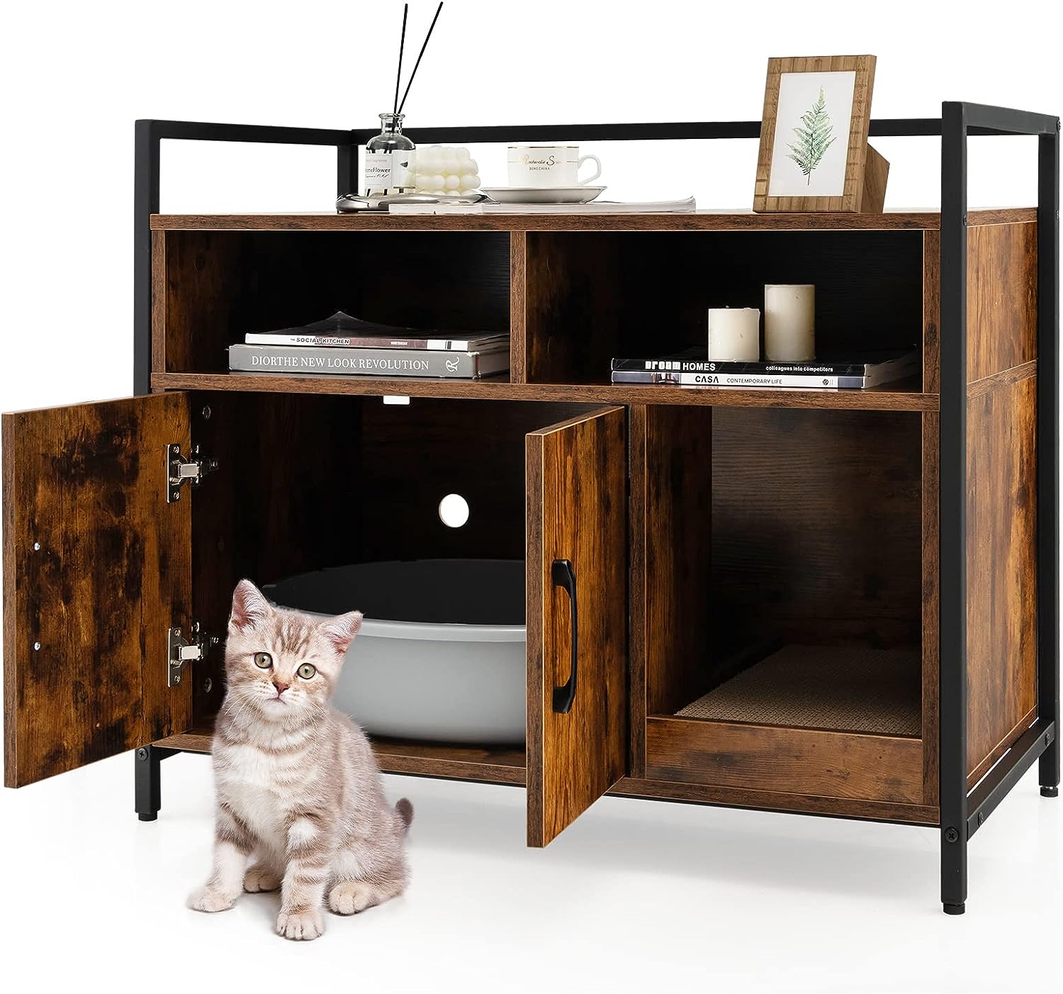 Caja de Arena para Gato, Aseo Gatos Mascotas de Madera, Mueble de