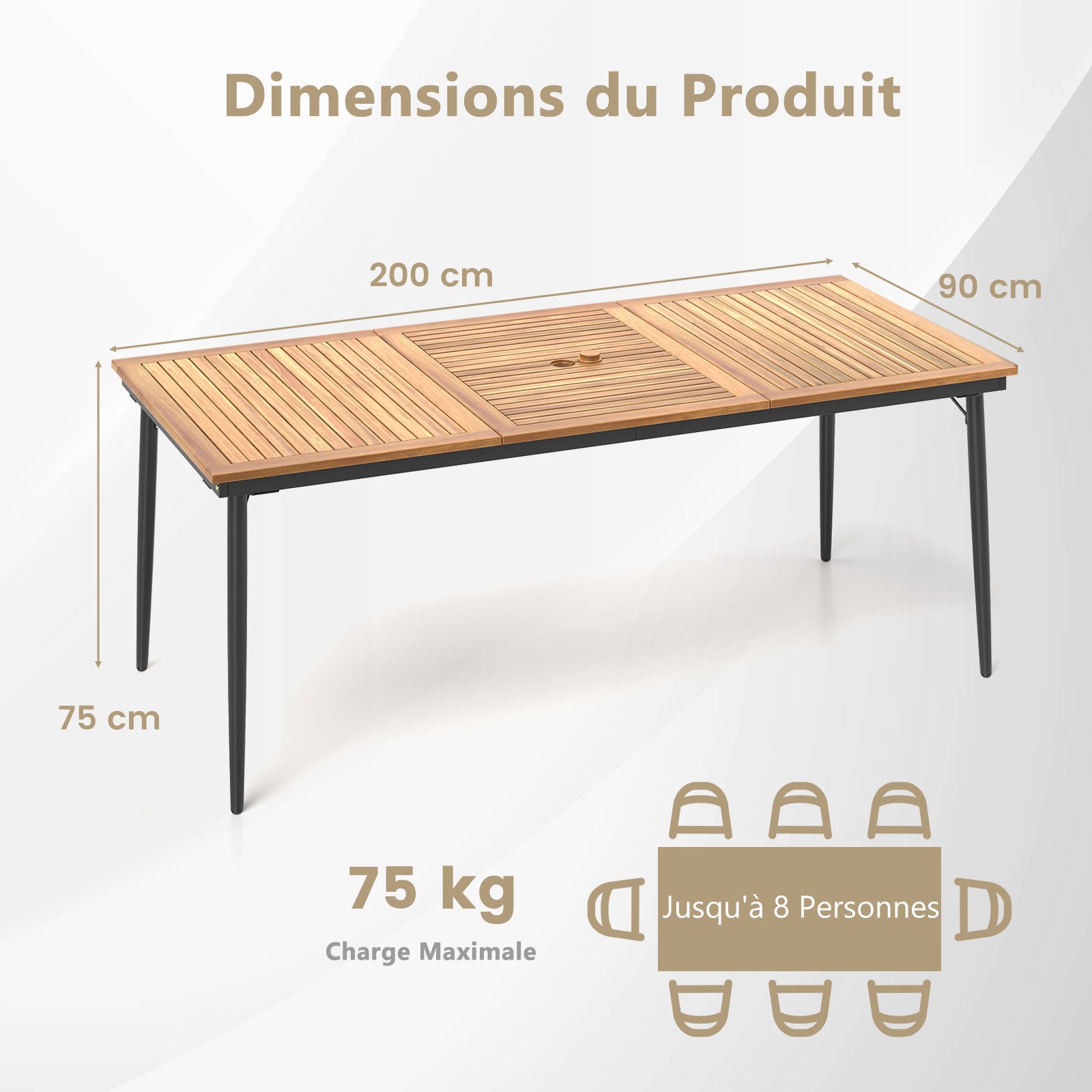 Table à Manger Extérieur en Bois d'Acacia Certifié FSC pour 8 Personnes, Table 200x90 cm avec Trou pour Parasol 5 cm, Pied en Métal 3 - 3