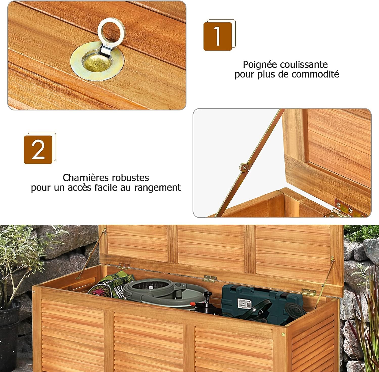 Coffre de jardin en Bois d’Acacia Certifié FSC-120X45X45 CM- Boîte de Rangement Respirante avec Poignée en Boucle Pratique-Naturel - 6