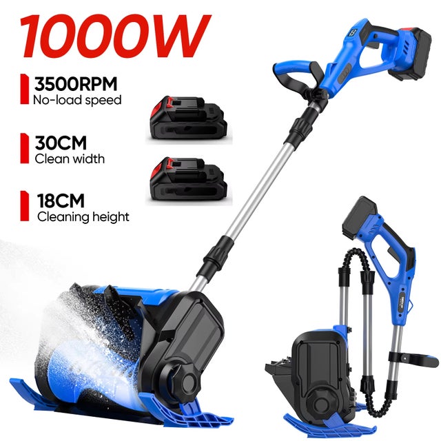 Pala da neve elettrica a batteria da 1000 W, Spazzaneve pieghevole ed estensibile con 2 batterie, Larghezza di lavoro 30 cm, 3500 giri/min