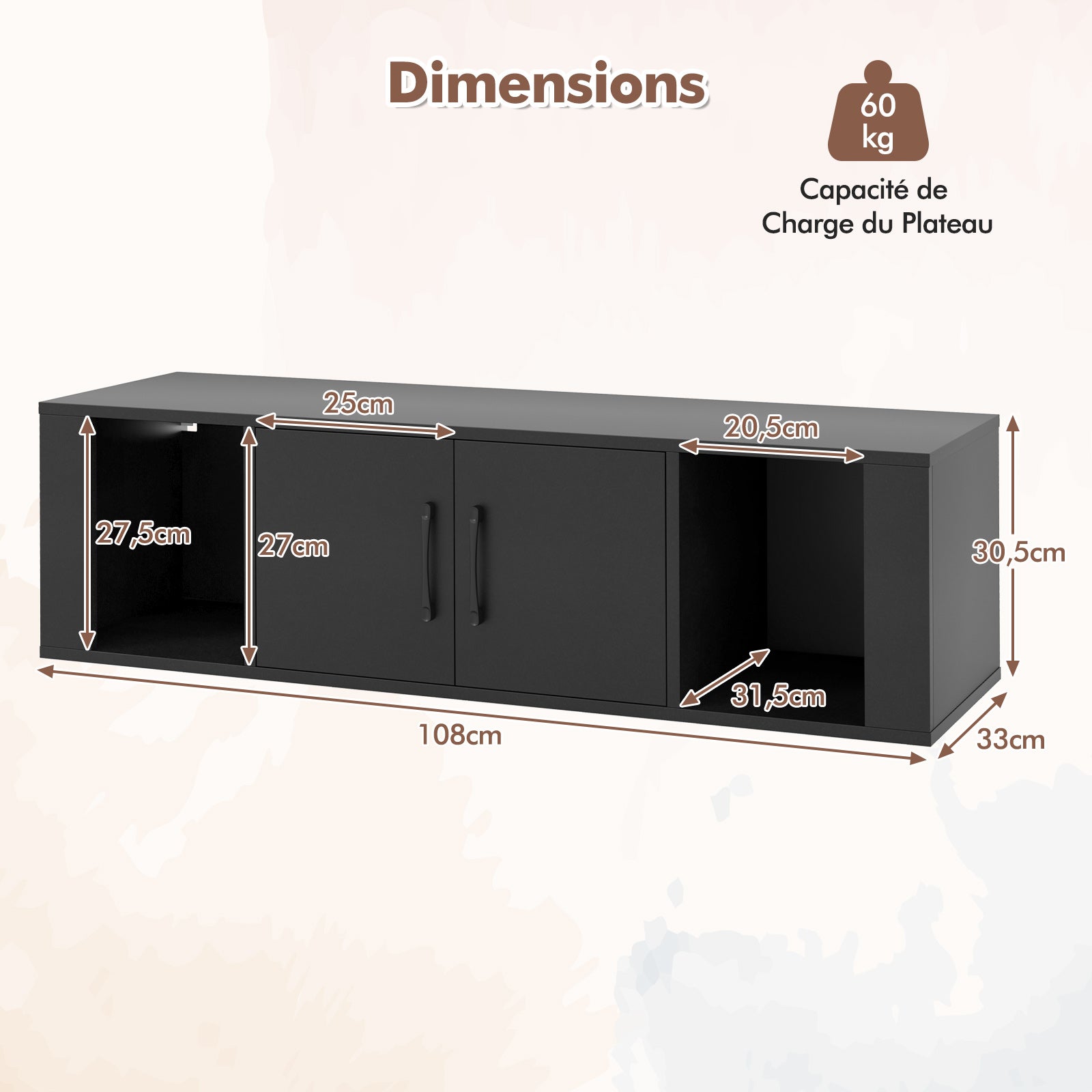 Armoire de Rangement Flottante à 2 Portes, Bureau Suspendu Mural avec 2 Cubes, Meuble de Console sous Télévision, pour Salon, Bureau, Cuisine, Noir - 5