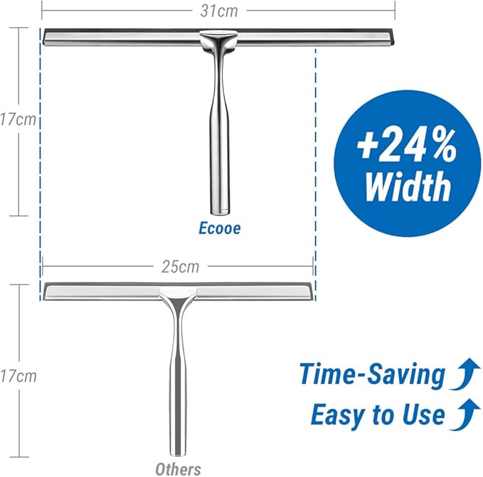 Raclette De Douche En Acier Inox 31cm Avec Crochet Sans Perçage, 2 Lames Silicone De Rechange - Pour Miroir, Vitre, Carrelage Et Salle De Bain - 2