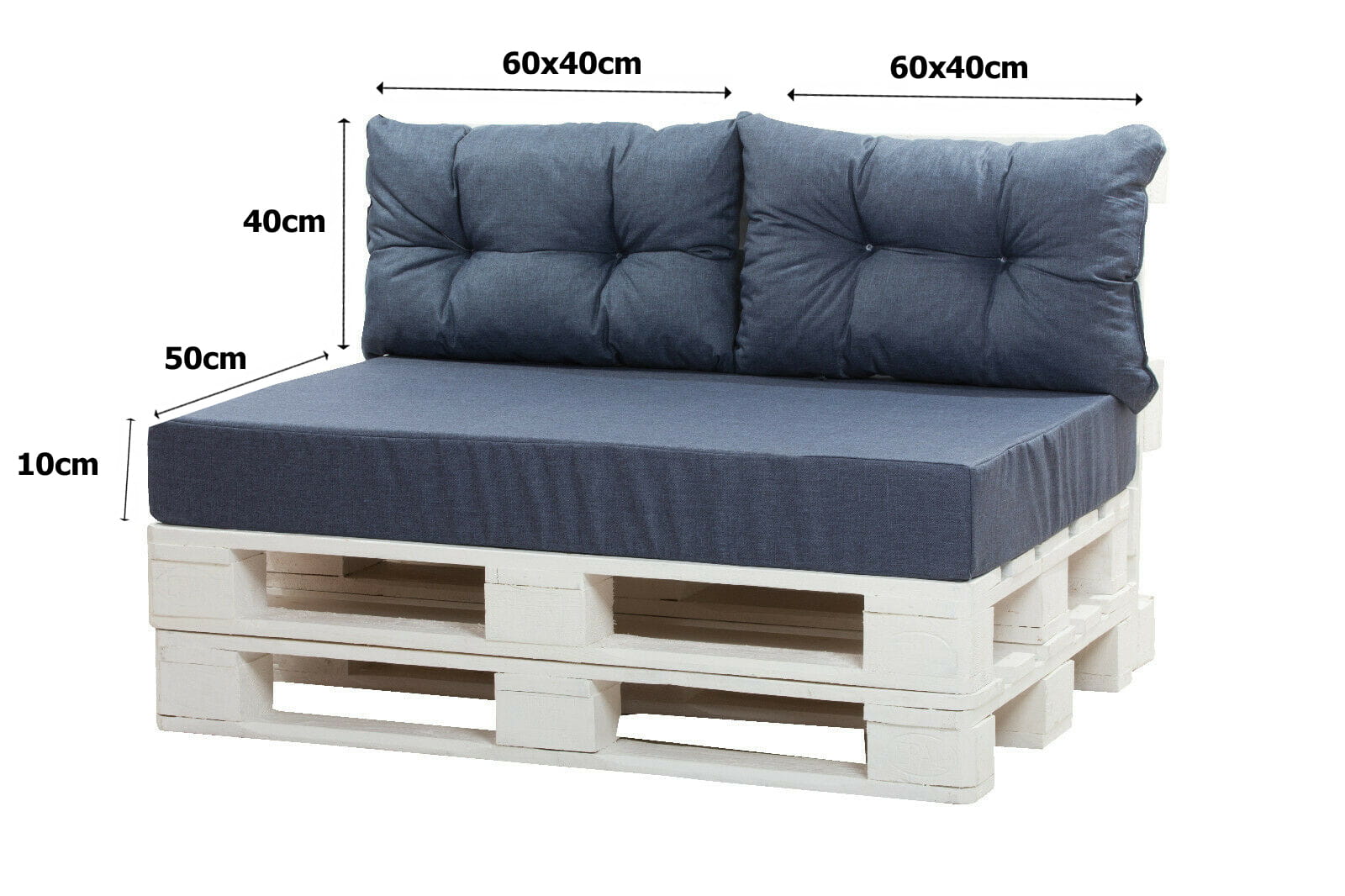 Coussin palette 120x50x10cm assise et dossier 2x 60x40cm, coussin palette Bleu, lot de coussins jardin, lot de coussins pour salon de jardin - 3