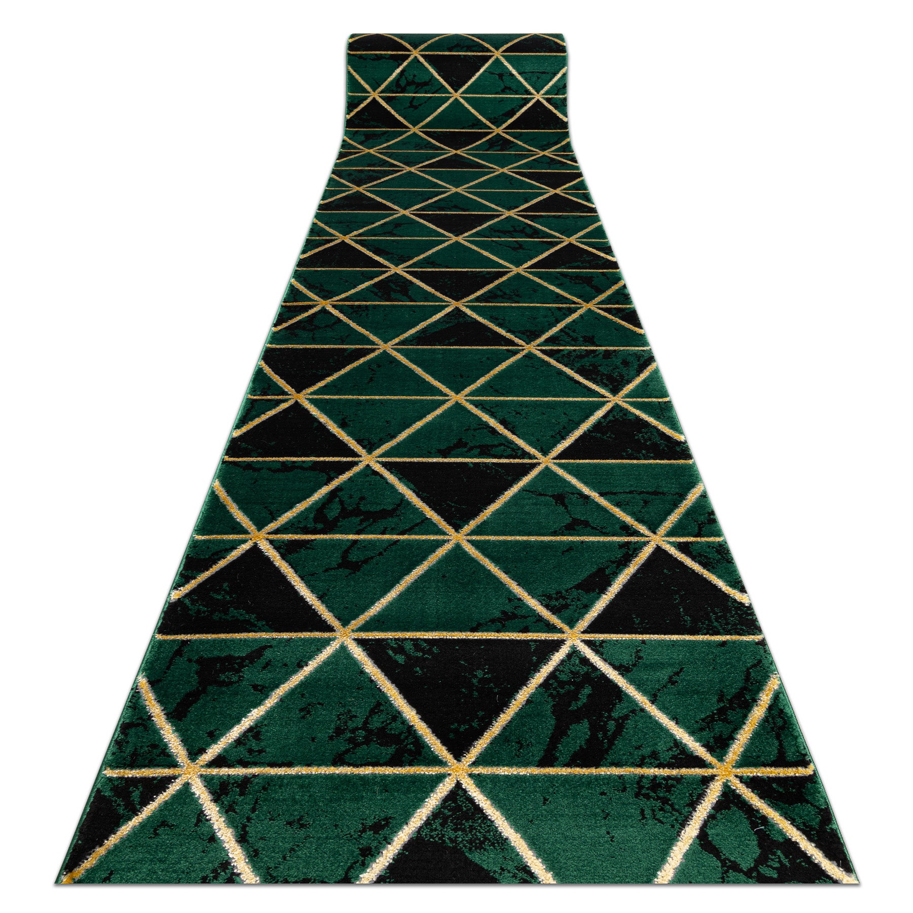 Chodnik EMERALD ekskluzywny 1020 glamour, stylowy marmur, trójkąty butelkowa zieleń / złoty 70 cm 70x890 cm
