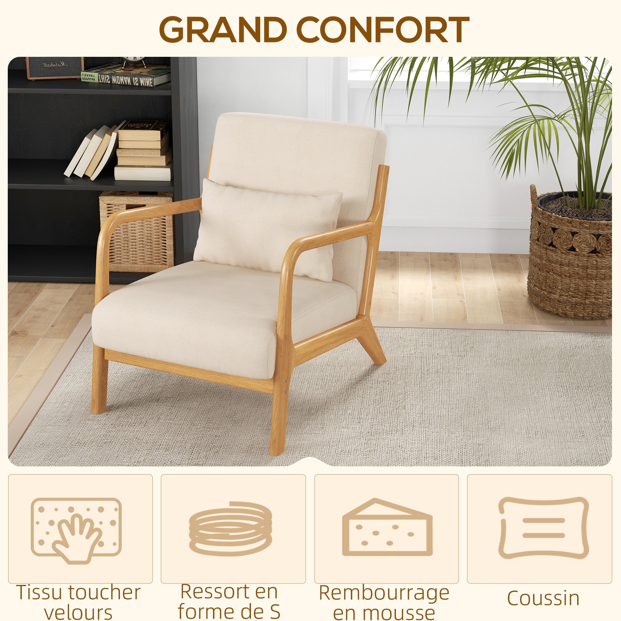 Fauteuil de salon en bois et velours beige 1 place HOMCOM - 4