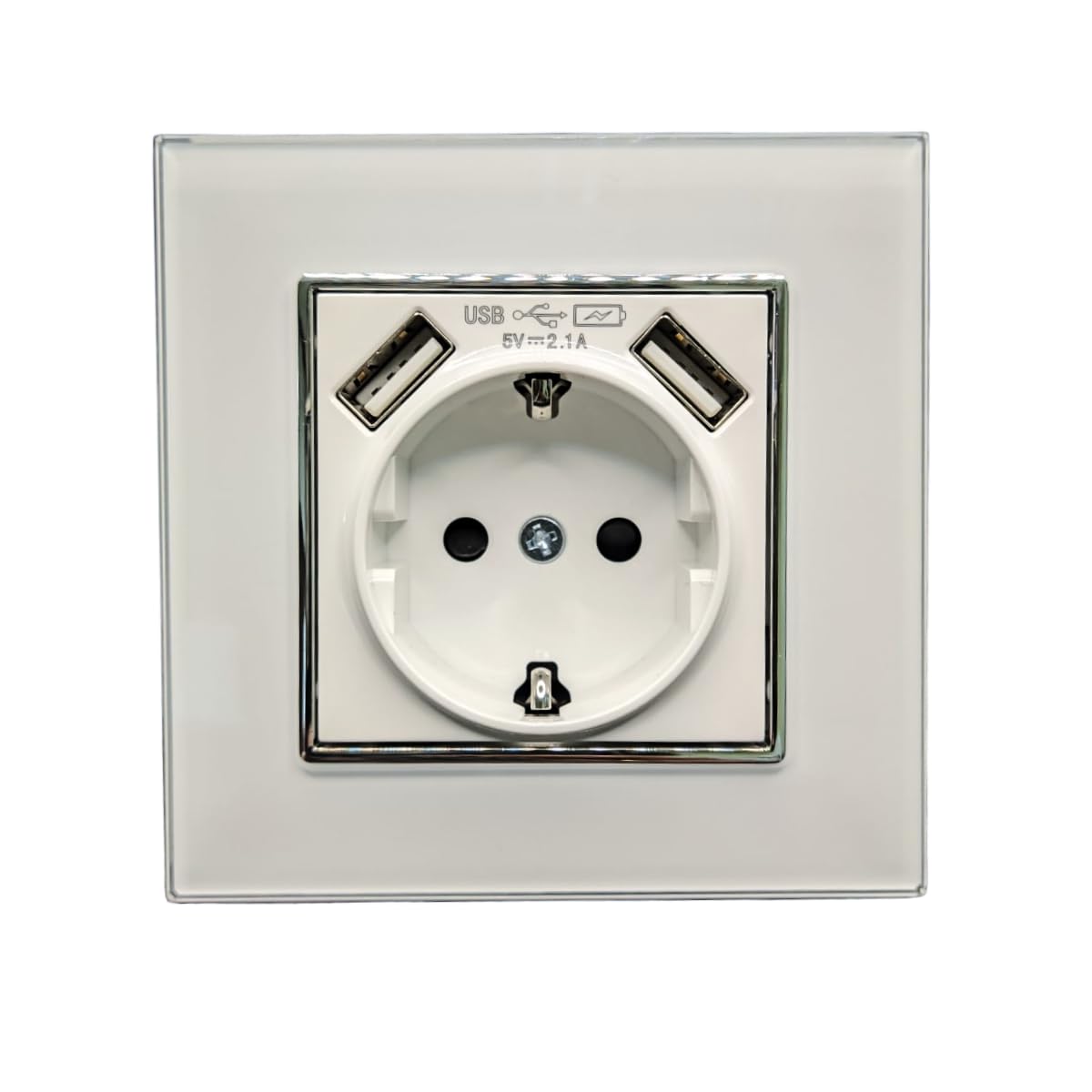 Gniazdo Schuko 16A z 2 portami USB 5V 2.1A z ramką ze szkła hartowanego białe