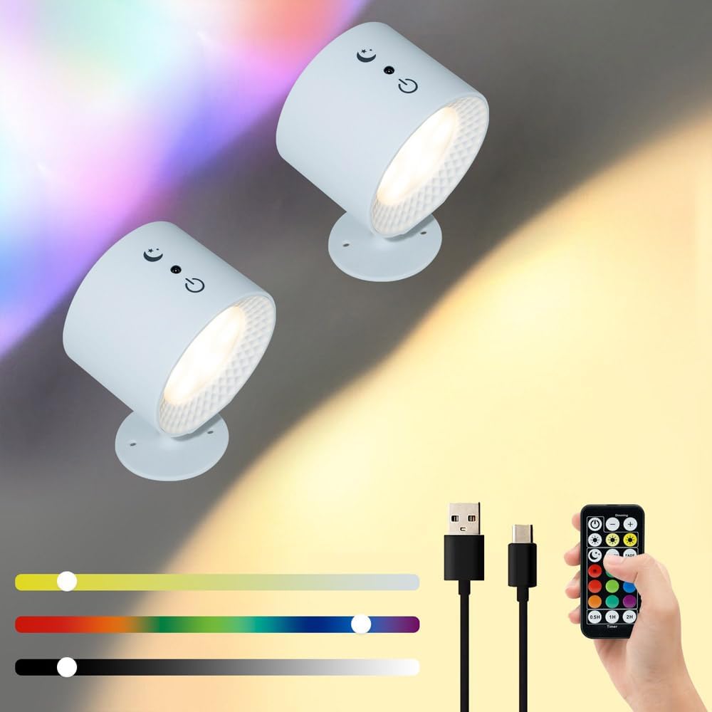 Lampa ścienna ładowana przez USB, obrót o 360°, oświetlenie dwustronne, 3 temperatury barwowe RGB (biała, 2 sztuki)