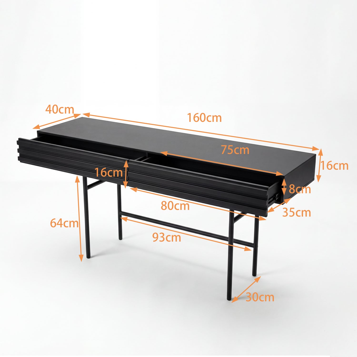 Table console Moderne avec 2 Tiroirs, Meuble d’entrée avec Pieds en Métal, 160x40.5x80.5, Noir - 3