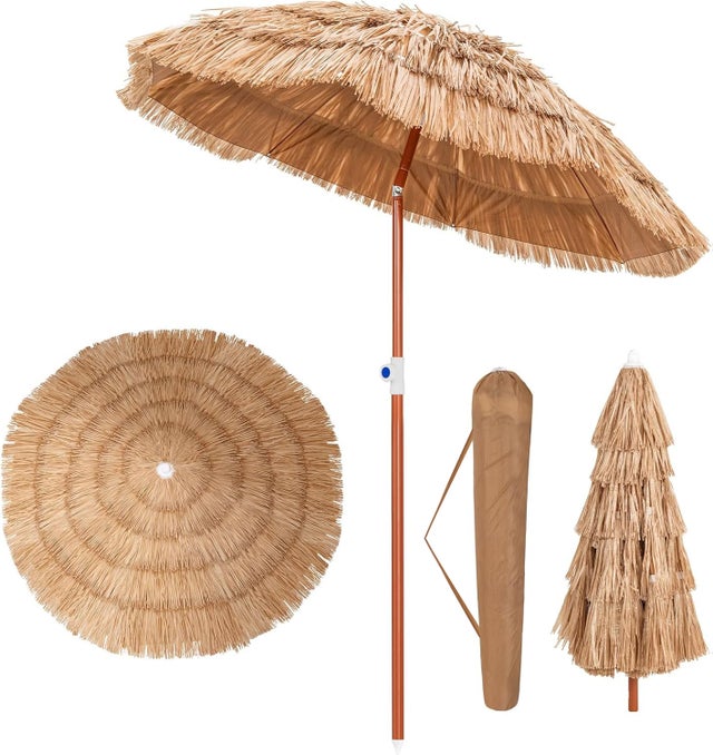 Parasol de Jardin Ø175CM en Paille PE, Parasol de Plage Style Hawaïen Inclinable 40° 8 Baleines Hauteur Réglable, Sac de Transport GIANTEX
