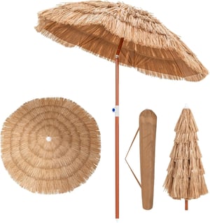 GIANTEX Parasol de Jardin Ø175CM en Paille PE, Parasol de Plage en Chaume Style Hawaïen Inclinable 40° 8 Baleines Hauteur Réglable, Sac de Transport