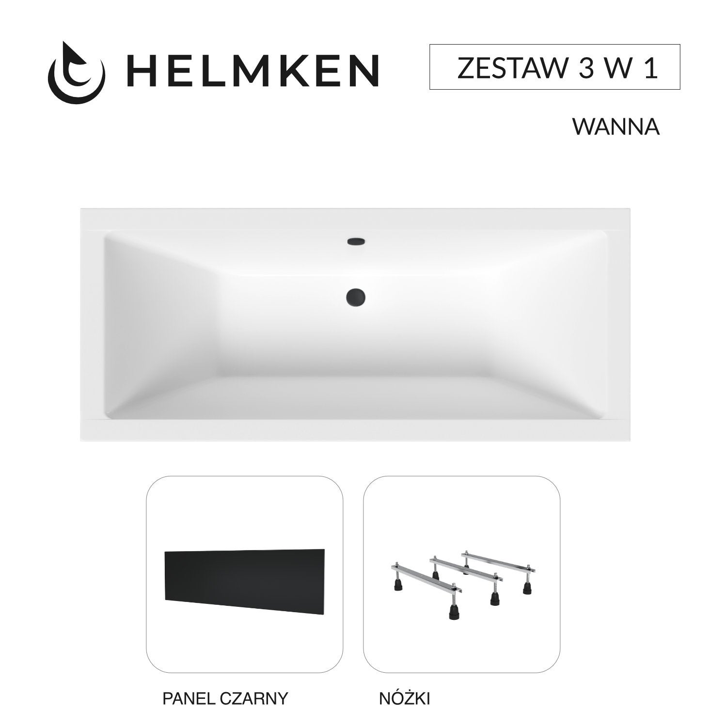 Wanna akrylowa Helmken Alvaro 190 x 90 + Panel czarny + Nóżki / 23096006