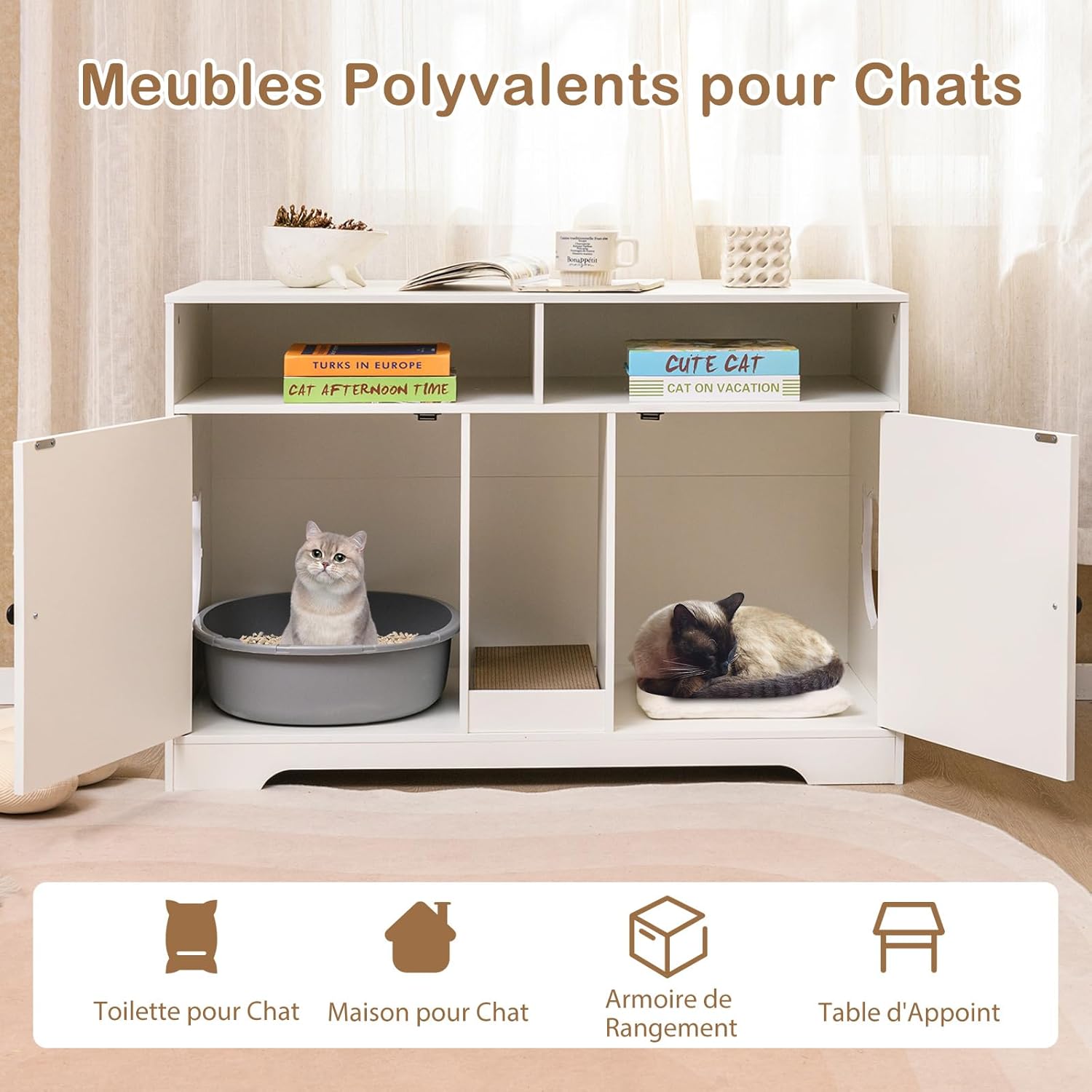 Móvel para caixa de areia para gatos, 108 x 50,5 x 73,5 cm, casa de banho para gatos de interior, 2 entradas, 2 compartimentos abertos - 2