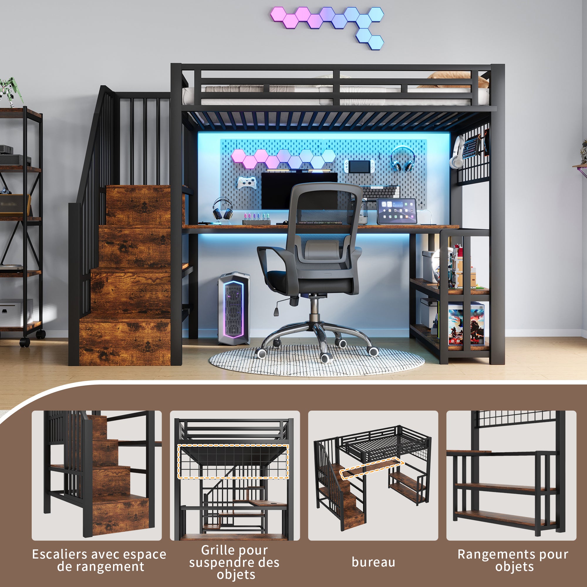 Lit mezzanine en fer 90x200 cm avec bureau, éclairage led et 2 usb + type-c, lit superposé avec étagères et treppe rangement, noir (sans matelas) - 3