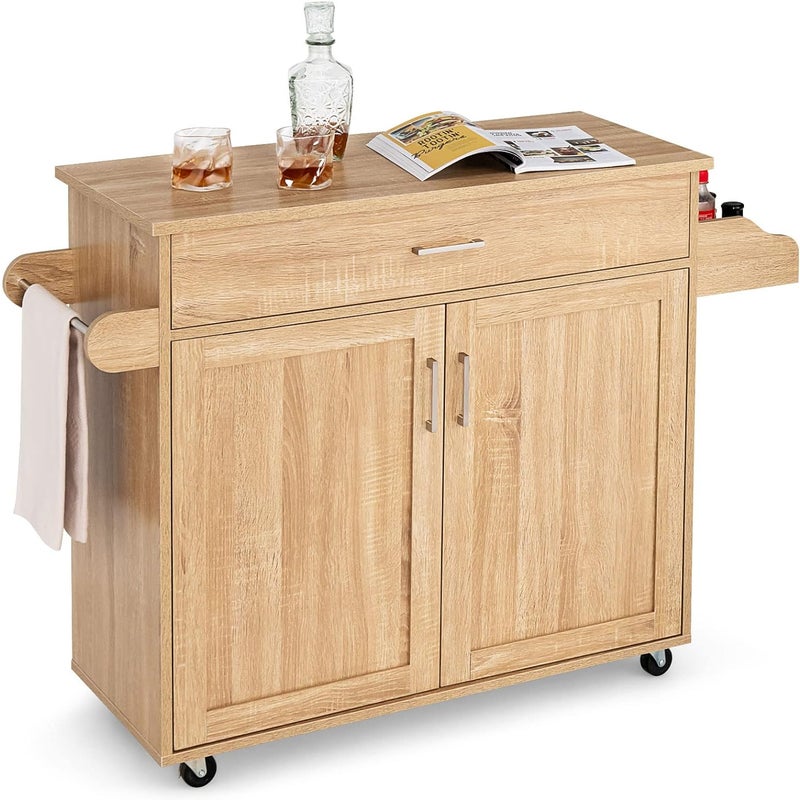 Wózek Kuchenny na Kółkach z 2 Półkami i 1 Szufladą, Wózek do Przechowywania z Wieszakiem na Ręczniki, 116 x 40 x 85 cm, Naturalny