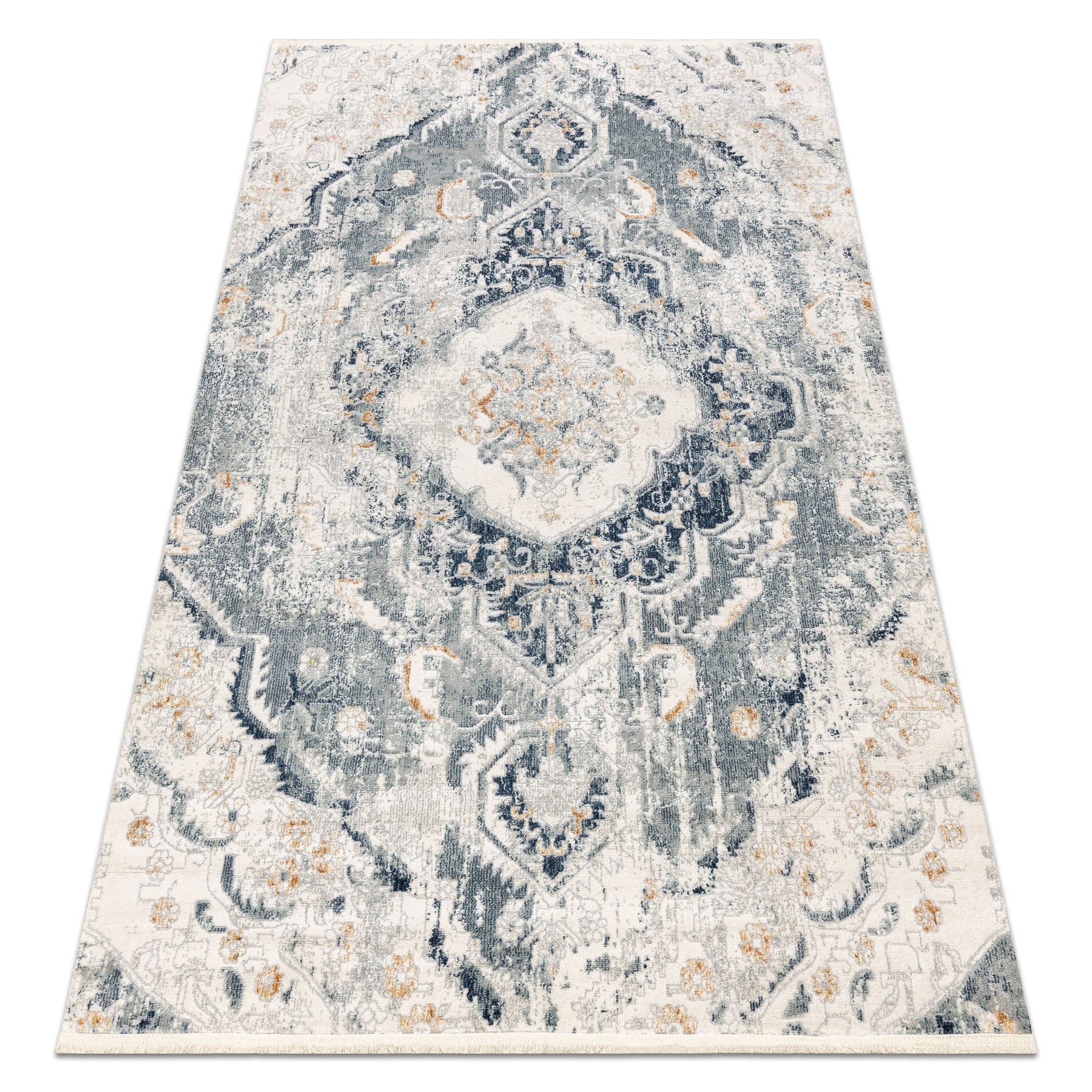 Dywan DISTIN 0816A niebieski / jasnozielony / biały nowoczesny - Ornament, vintage, frędzle 140x190 cm