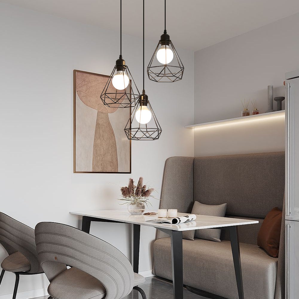 GOECO Suspension en Forme de Diamant avec Trois Abat-jours pour Salle à manger, salon - Câble Ajustable 1m, Base E27(sans Ampoule) - 6