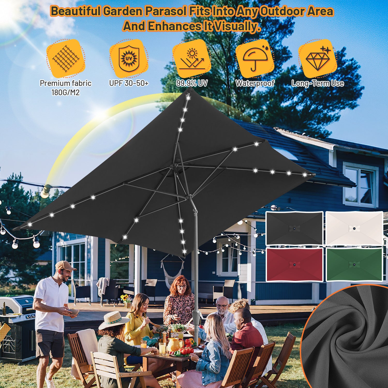 Parasol terrasse 2 × 3 m avec LED – Parasol extérieur rectangulaire, gris - 4