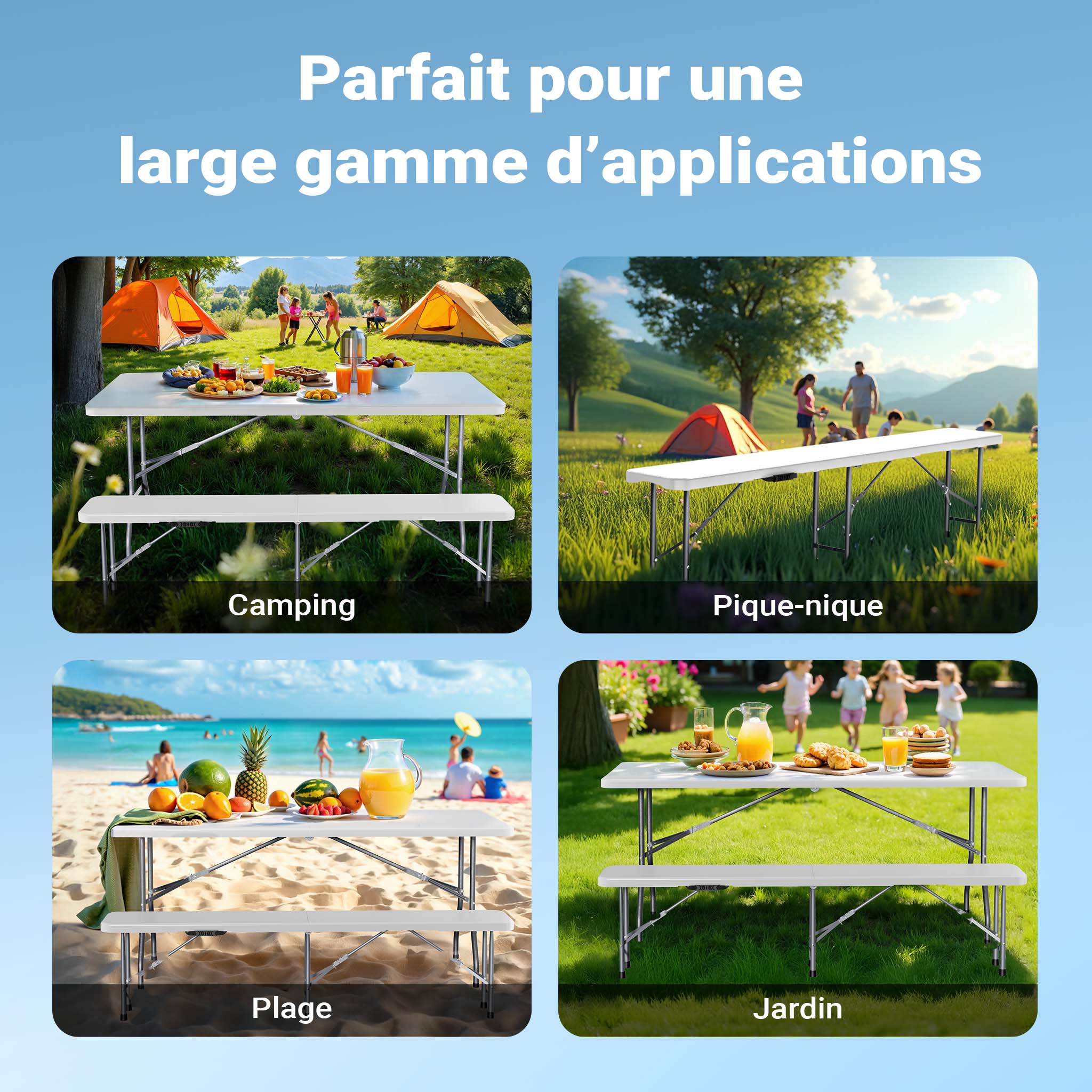Banc de camping pliant, 1800 x 300 x 430 mm, 3 Places, en acier et PE-HD, Banc léger pour jardin extérieur Fête BBQ Barbecue Wiltec - 8