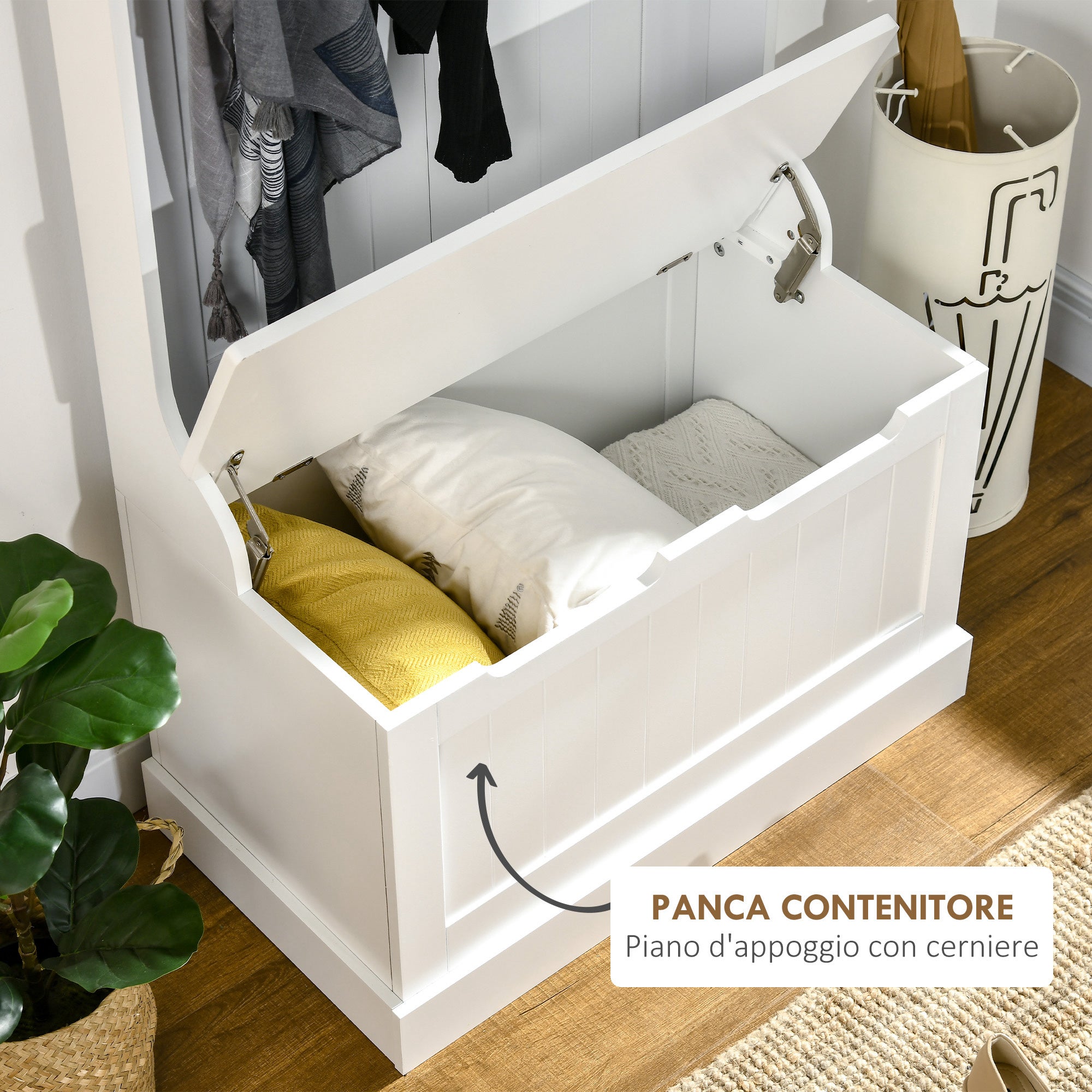 HOMCOM Appendiabiti Con Panca Contenitore In Mdf, Per Casa E Ingresso, Max.100kg - 71.5 X 39.5 X 170cm, Bianco - 6