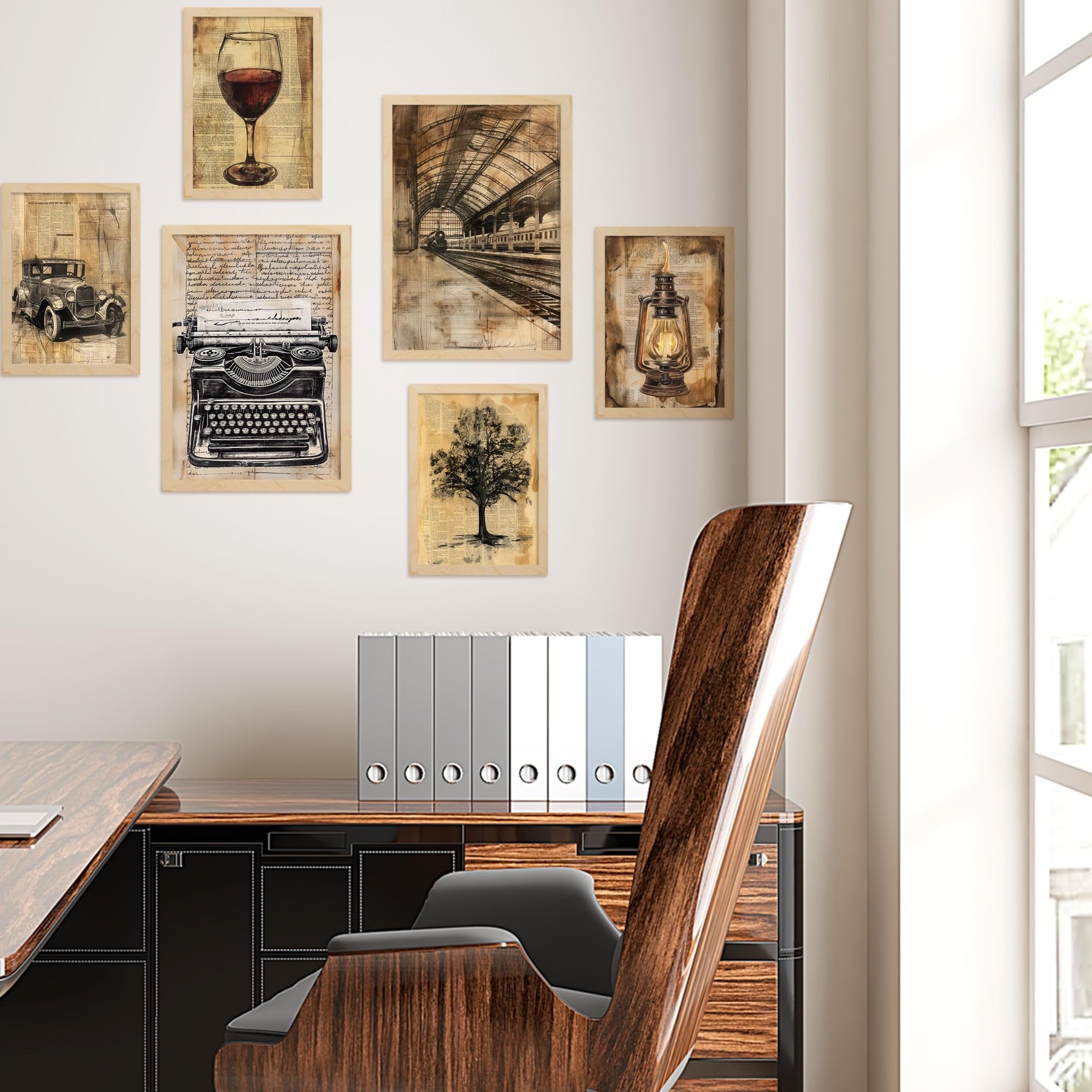 Set de 6 vintage writer lifestyle cuadros con ilustración de diseño para decorar las paredes del hogar. tienda. a3 y a4. marco madera clara
