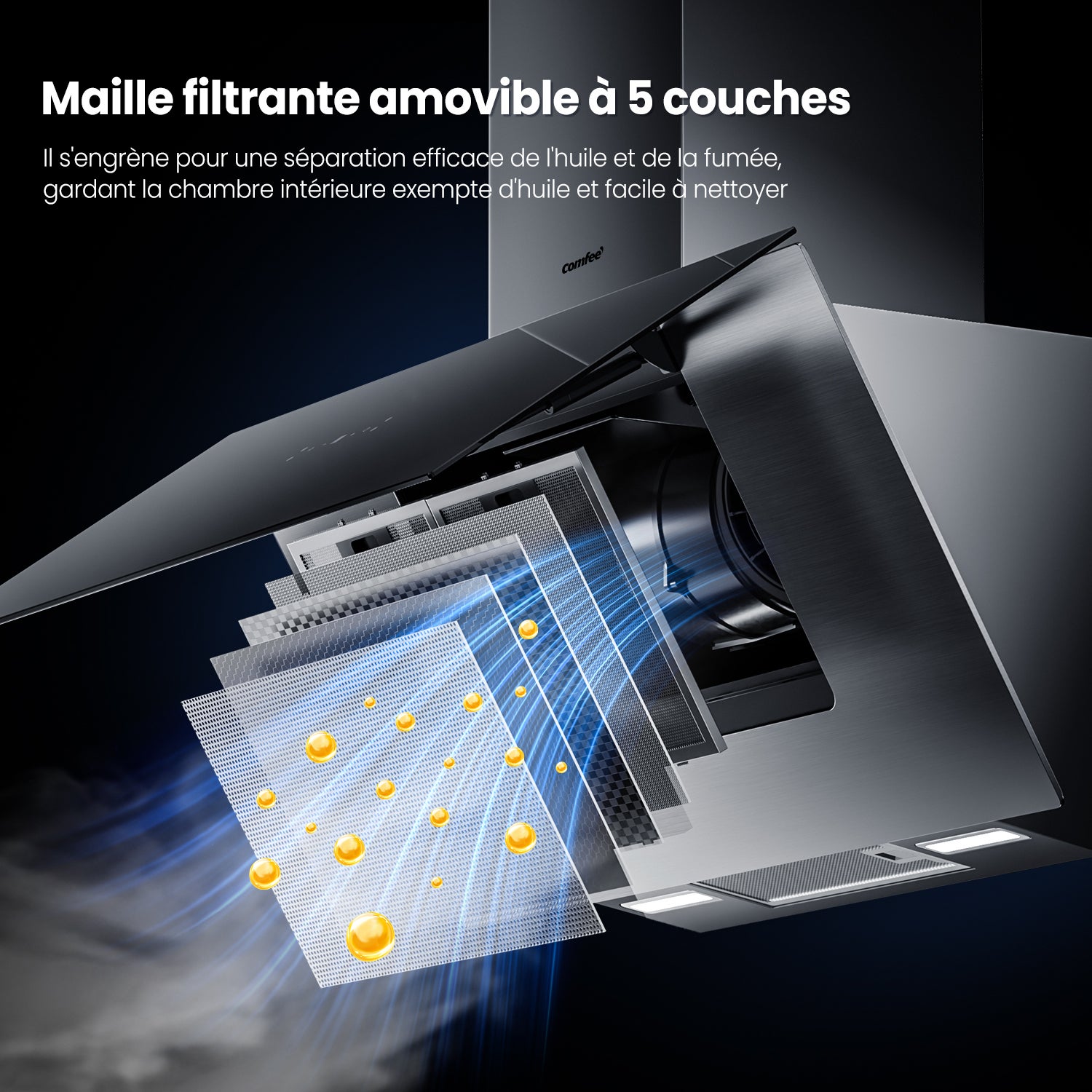 COMFEE Hotte Aspirante Inclinée 90cm 800m³/h Classe A++, Commandes Gestuelles, 4 Vitesses, BLDC Moteur, Evacuation & Recyclage, Verre Noir - 7