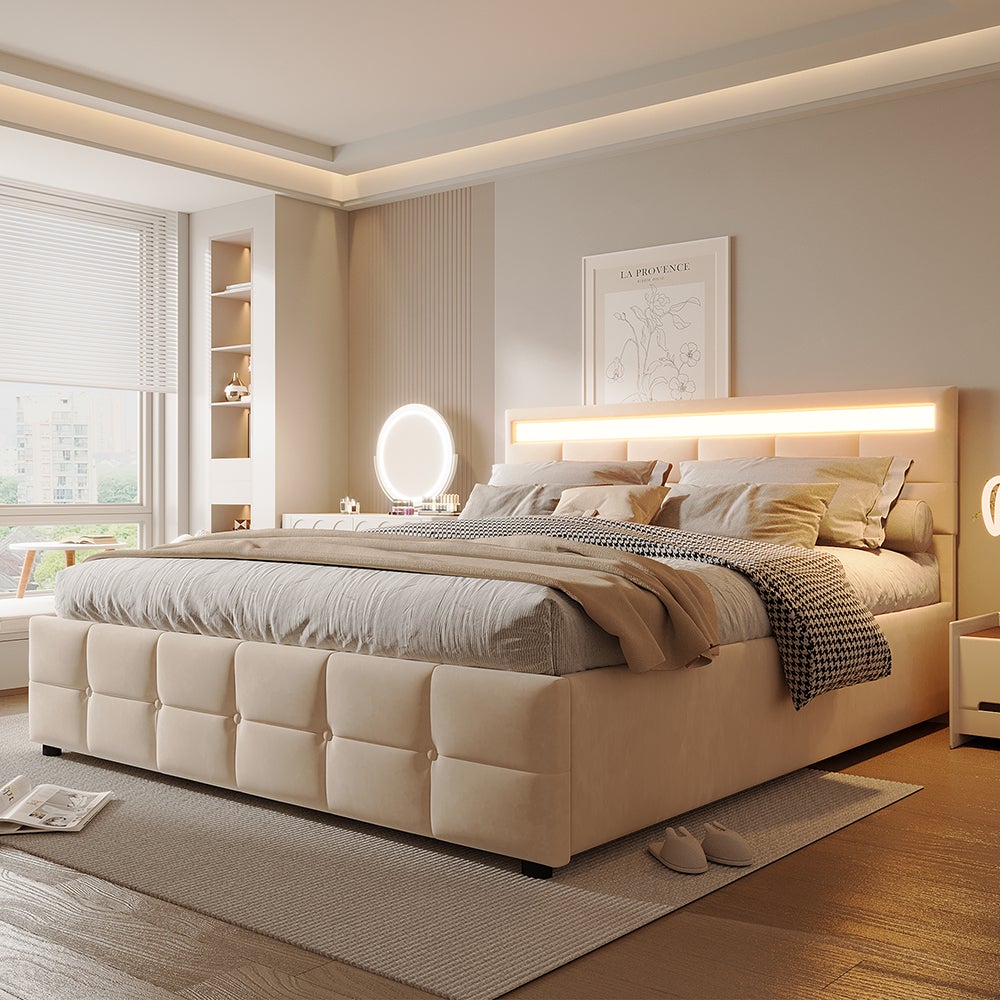 Łóżko tapicerowane 180*200 cm, oświetlenie LED, podstawa z listew, aksamitna tkanina, beżowy