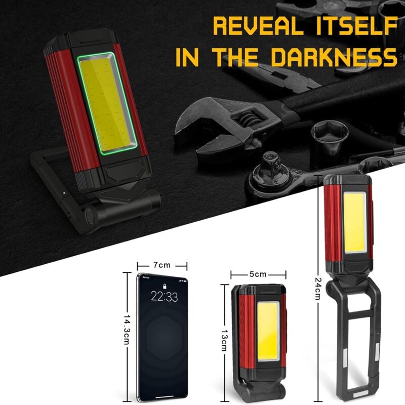 Lampe de Travail Rechargeable Puissante, Baladeuse LED Lampe Atelier avec Base Magnétique, Lampe Torche avec IPX6 Étanche, 7 Modes Lampe Mecanicien - 3
