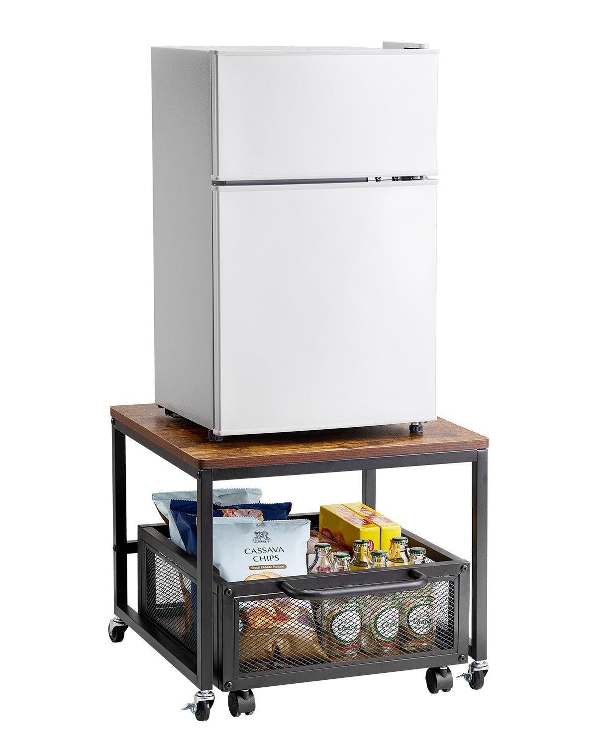 Mini Tavolo/supporto Per Frigorifero Con Cestino Estraibile - 54x50x46 Cm, Ruote, Portata 90 Kg, Stile Retrò