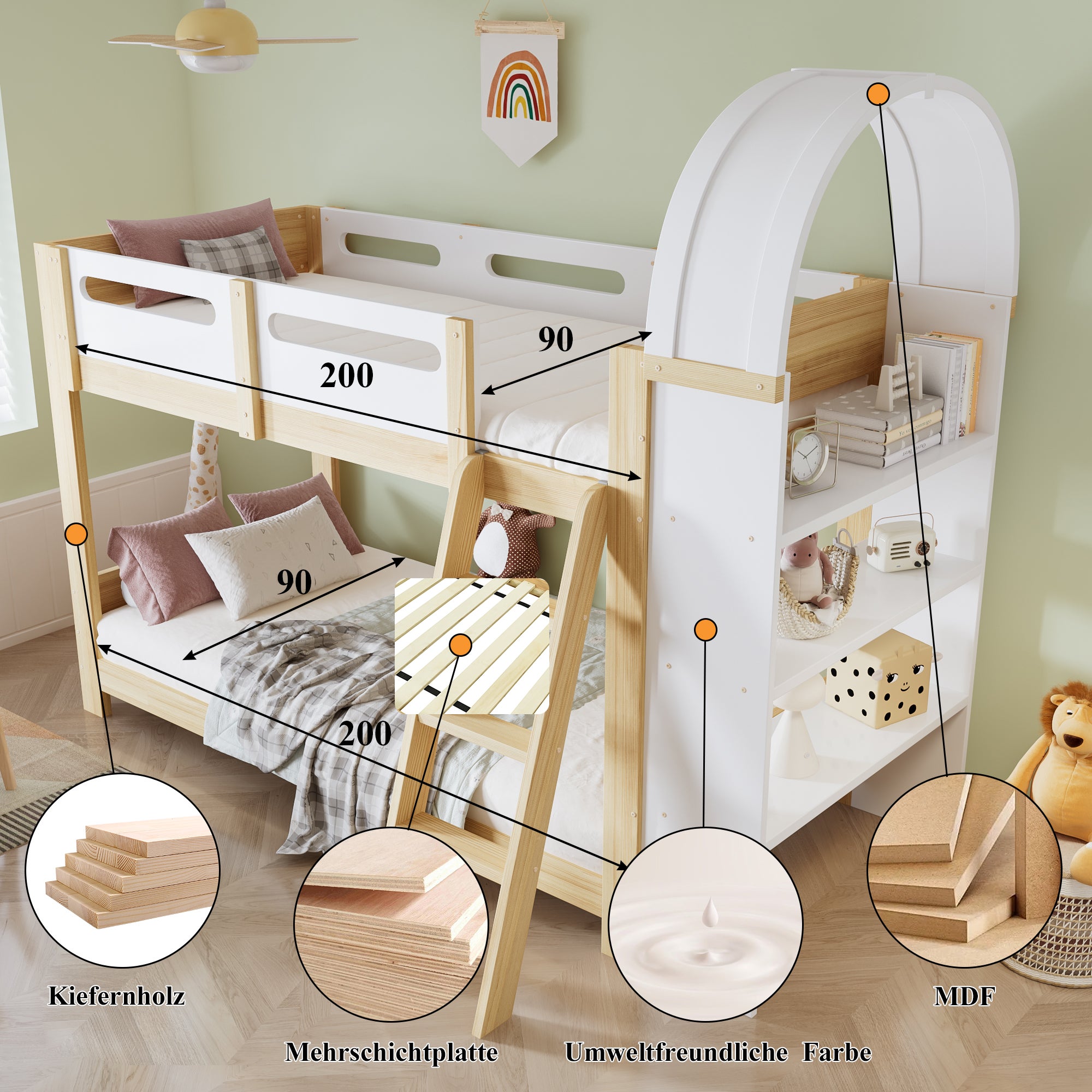 Łóżka piętrowe 2 x 90 x 200 cm z 3-poziomową półką - Sosna + MDF + sklejka - Białe + naturalne (Materace nie są wliczone w cenę) - 5